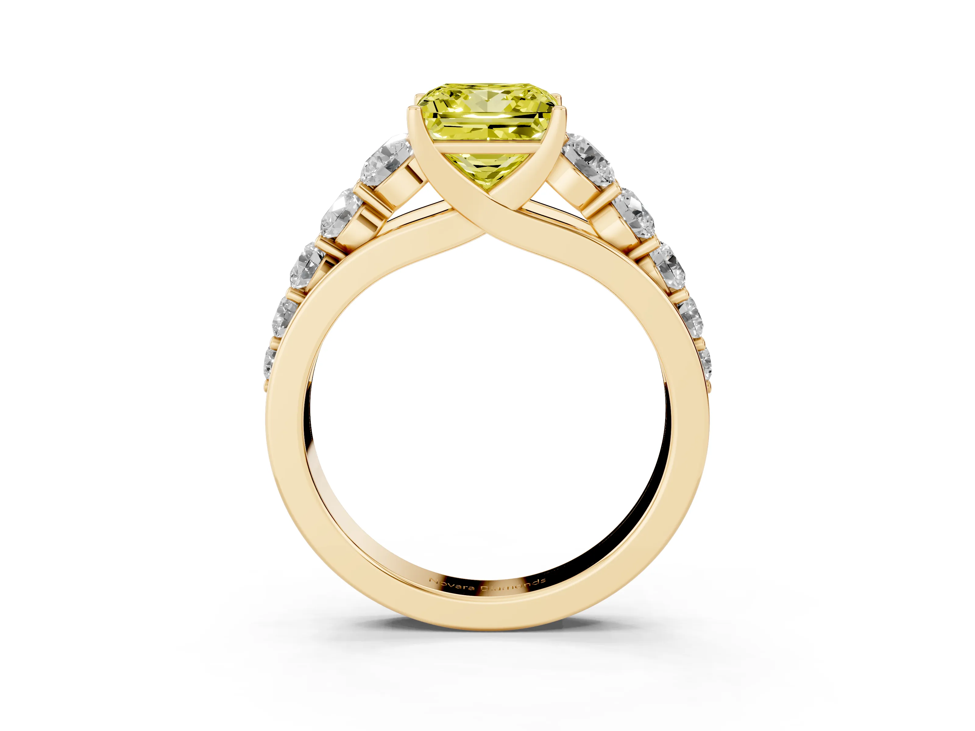 Fancy Yellow Princess Cut Diamond Solitaire Ring Set in Yellow gold with Pavé-Set Band and Prong Setting