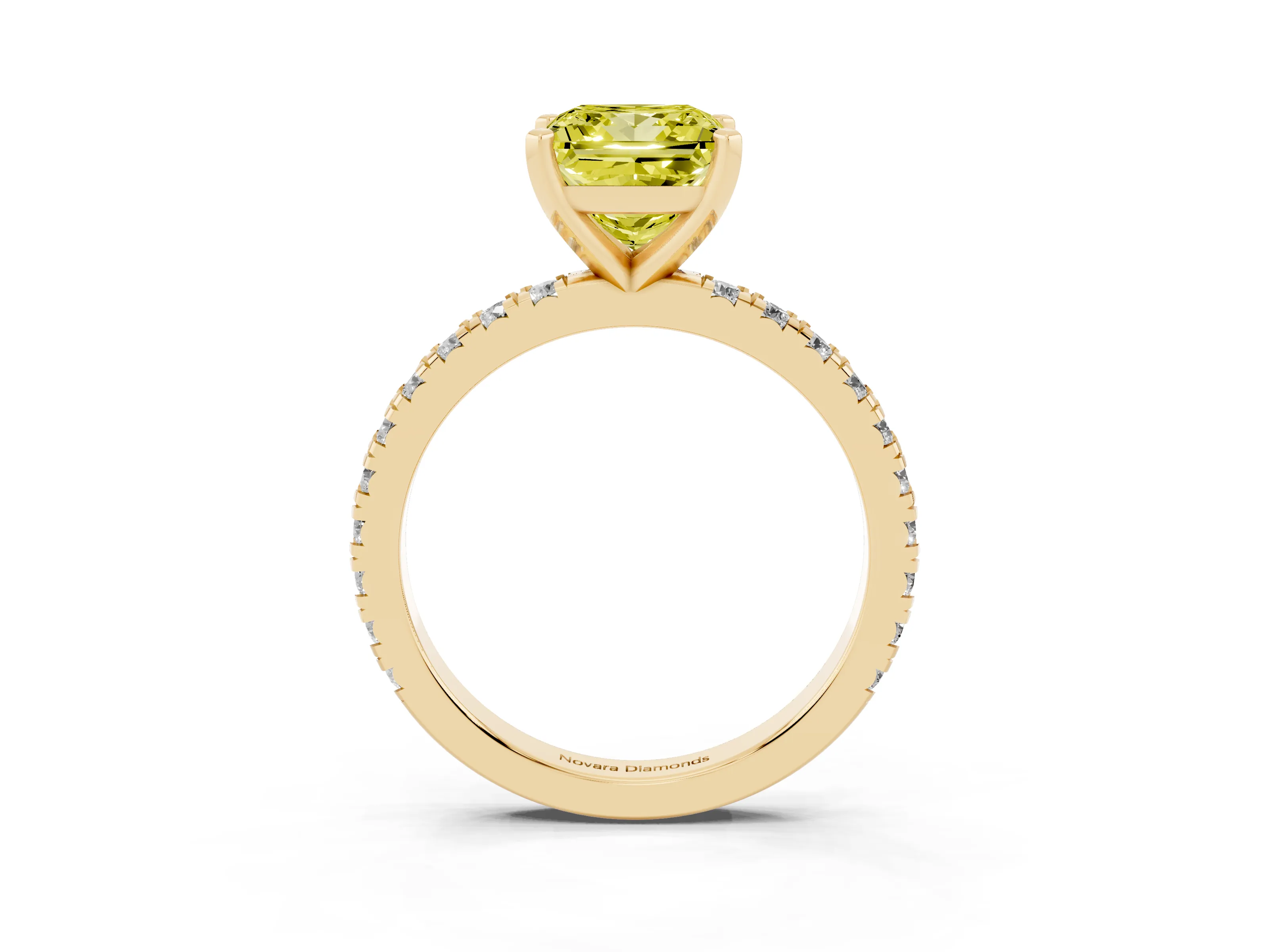 Fancy Yellow Princess Cut Diamond Pavé Band Solitaire Set in Yellow gold with Prong Setting
