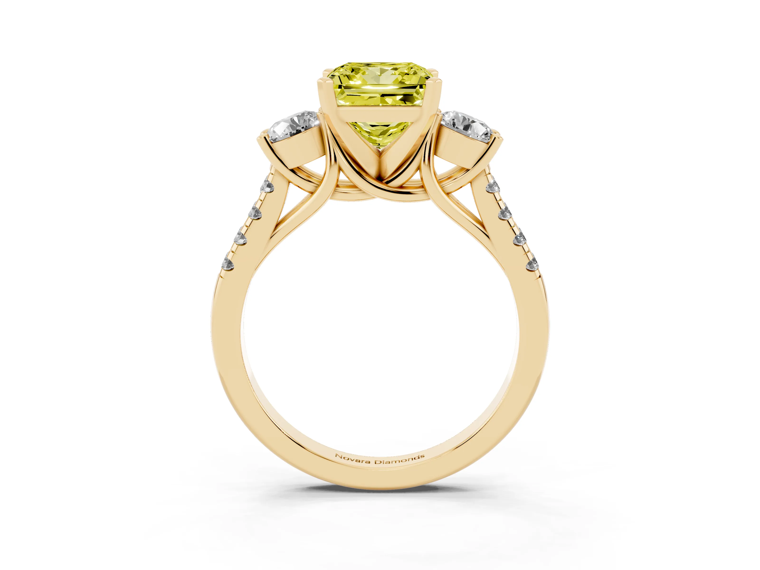 Fancy Yellow Three-Stone Princess Cut Diamond Pavé Band Ring Set in Yellow gold with Prong-Set Trio
