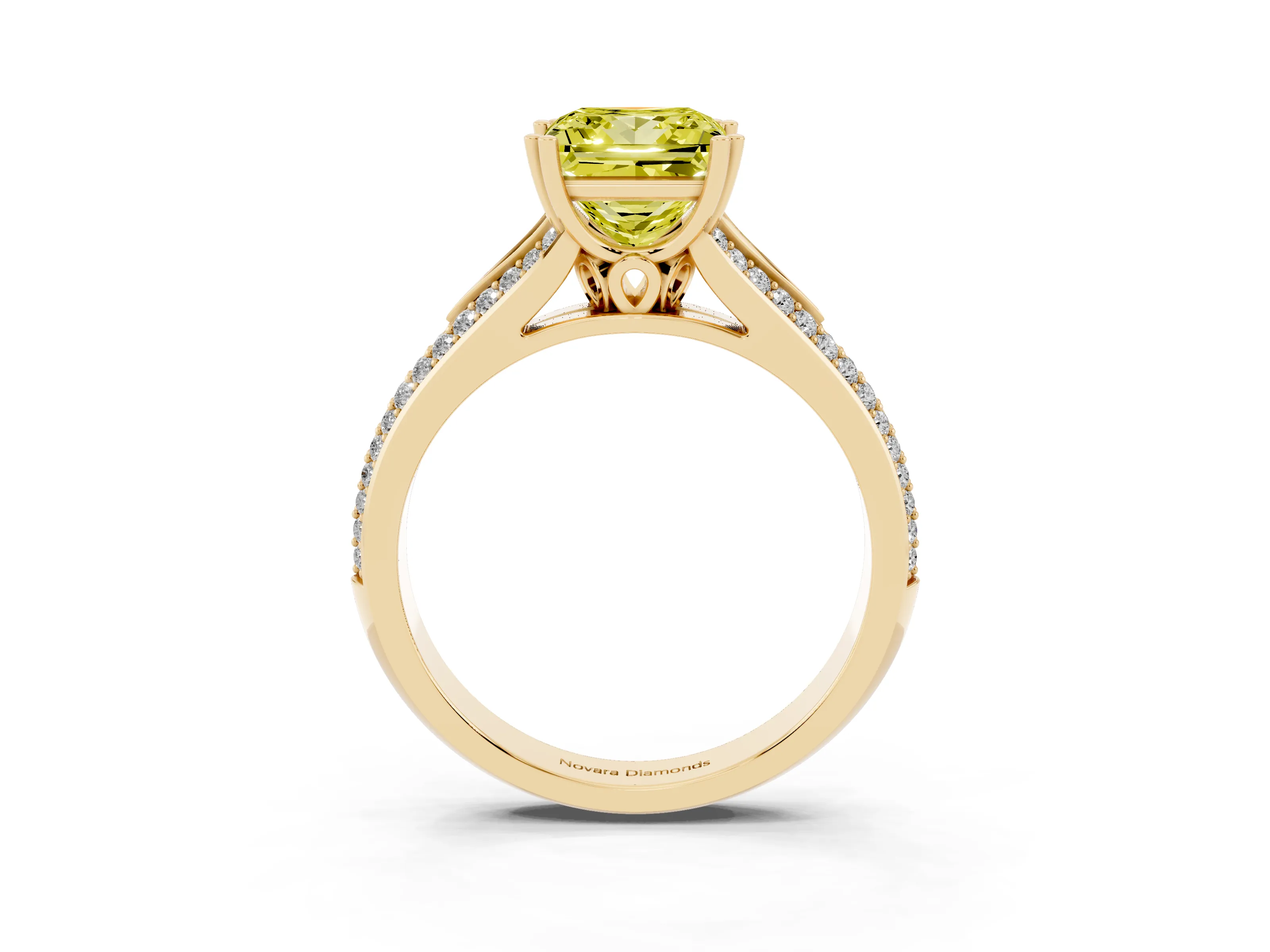 Fancy Yellow Princess Cut Diamond Split Shank Pavé Engagement Ring Set in Yellow gold with Prong-Set Center Stone