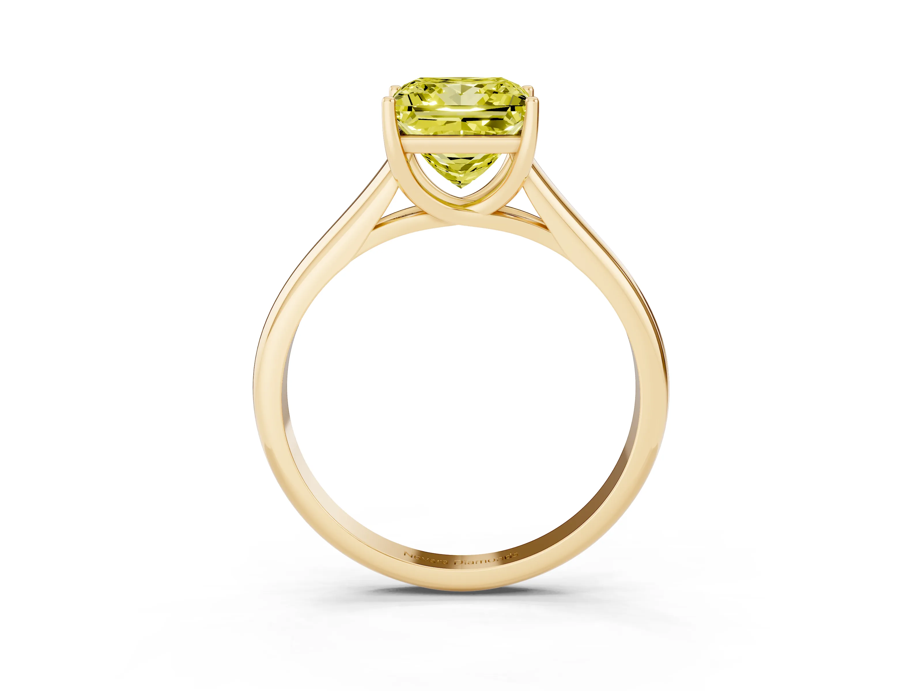 Fancy Yellow Princess Cut Diamond Solitaire Engagement Ring Set in Yellow gold with Subtly Tapered Band and Prong Setting