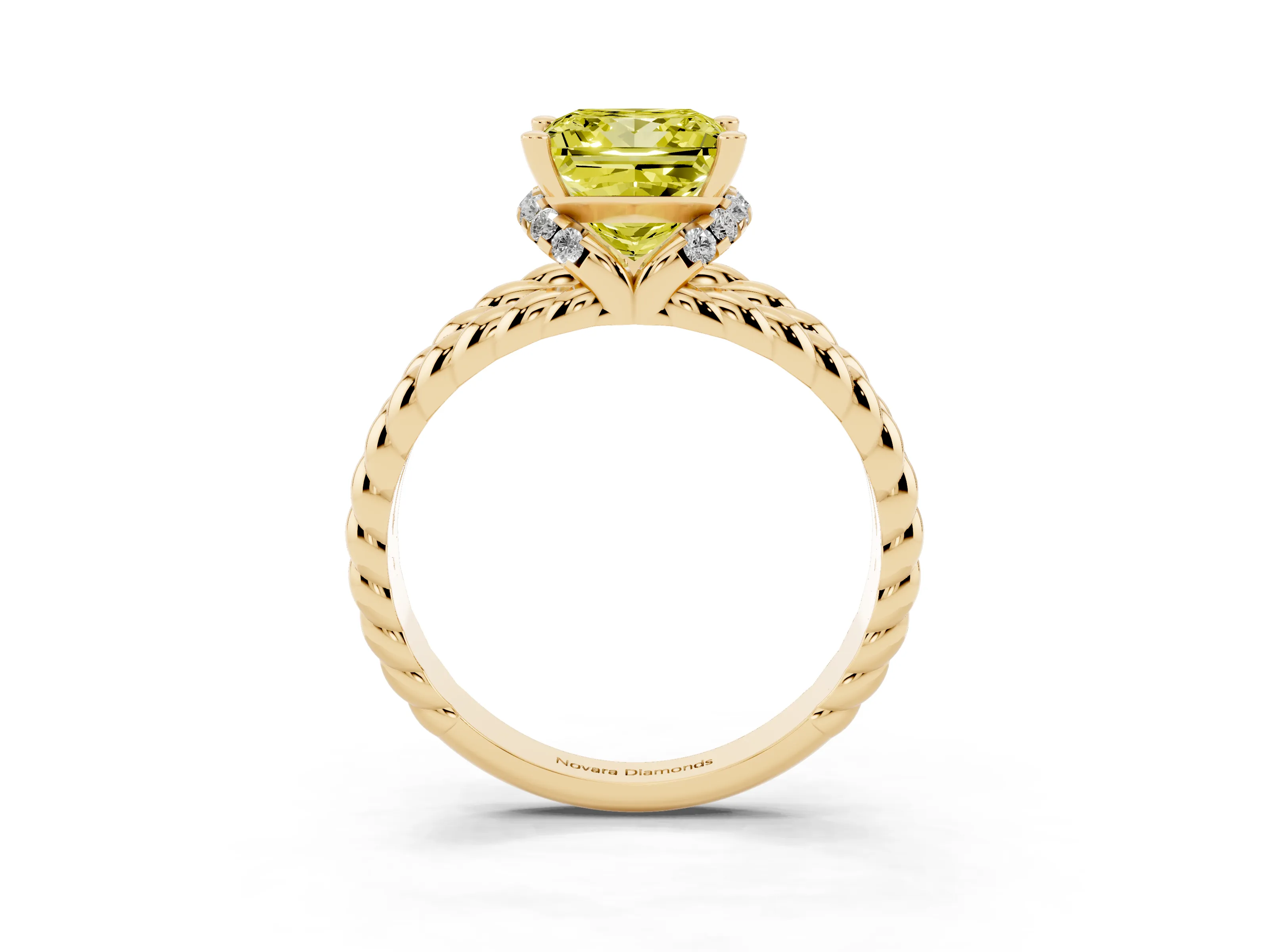 Fancy Yellow Princess Cut Diamond Halo Ring Set in Yellow gold with Twisted Band and Prong Setting