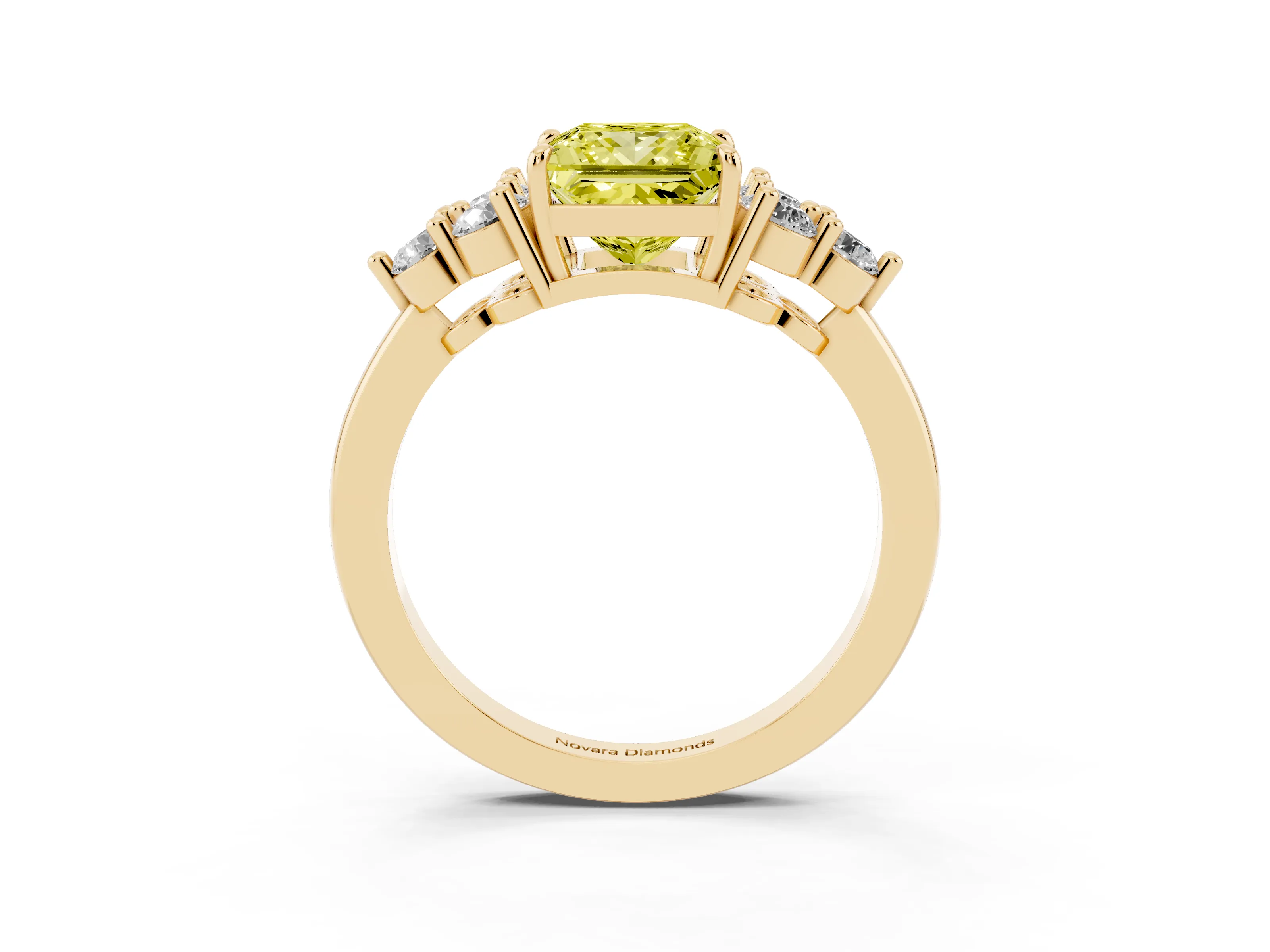 Fancy Yellow Princess Cut Diamond Solitaire Ring Set in Yellow gold with Cluster Accents on Each Side