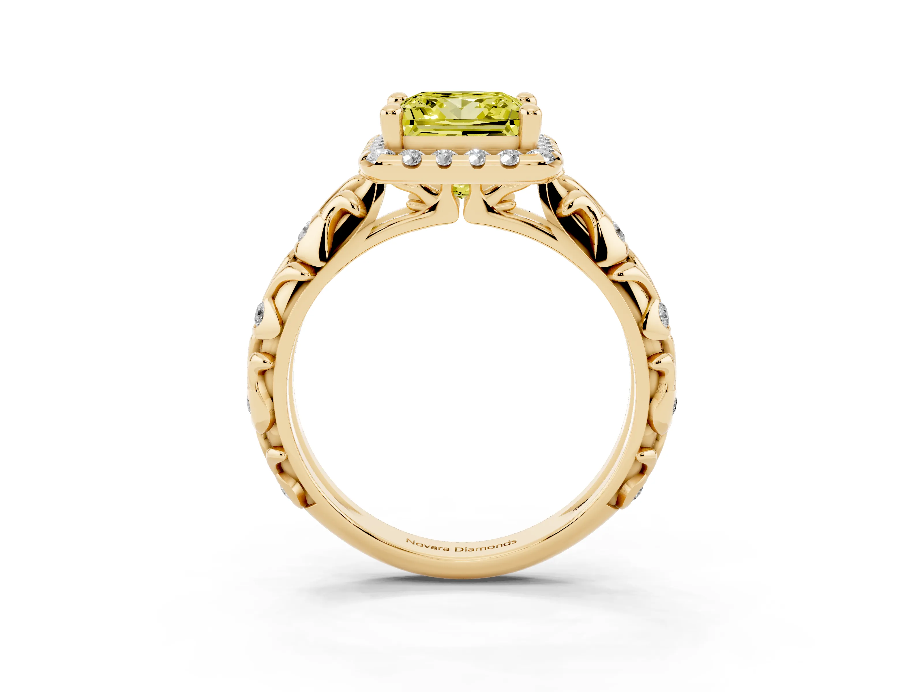 Fancy Yellow Princess Cut Diamond Halo Ring Set in Yellow gold with Filigree Leaf Band and Prong Setting