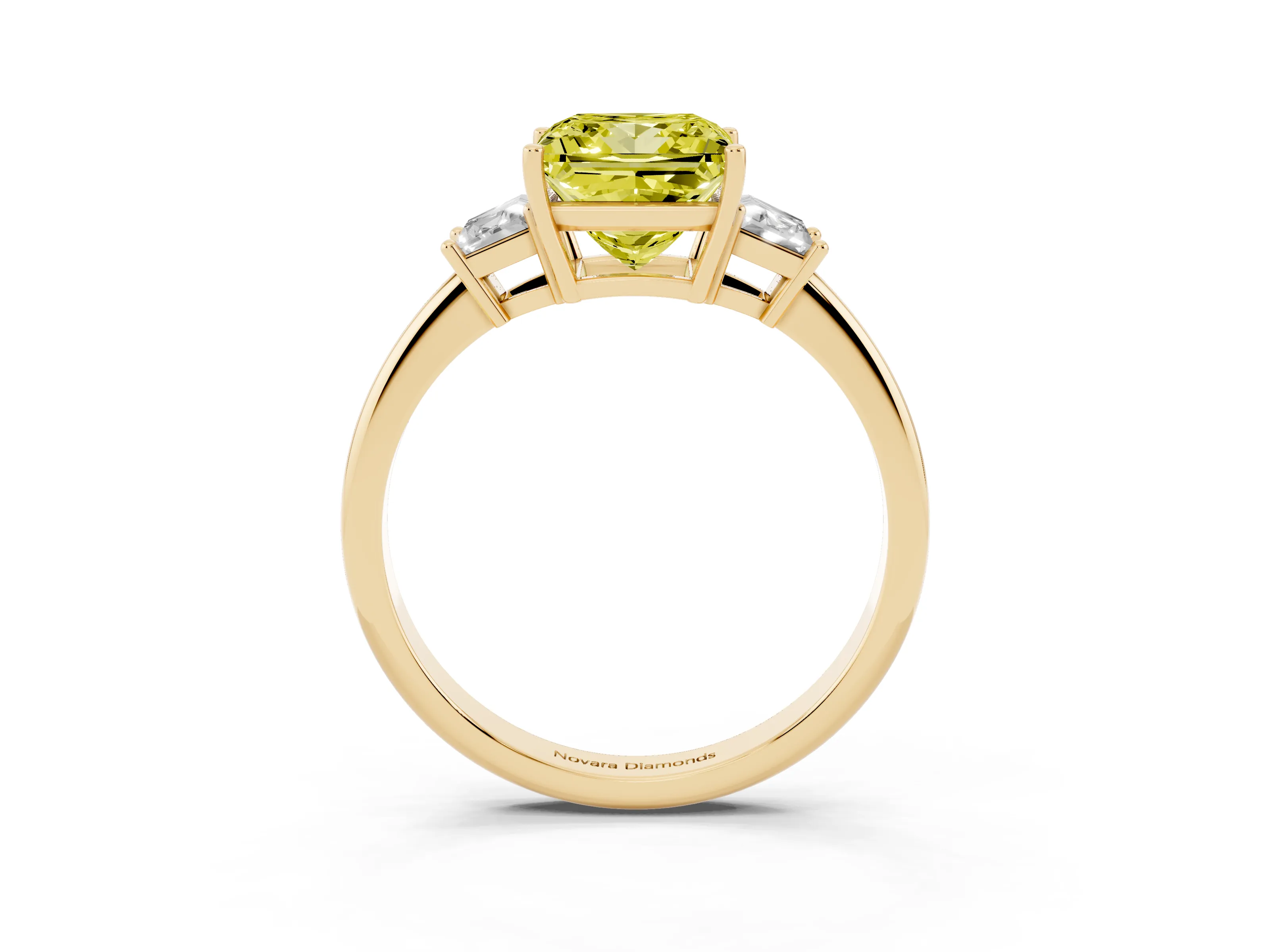 Fancy Yellow Princess Cut Diamond Three-Stone Ring Set in Yellow gold with Trapezoid Side Stones and Prong Setting