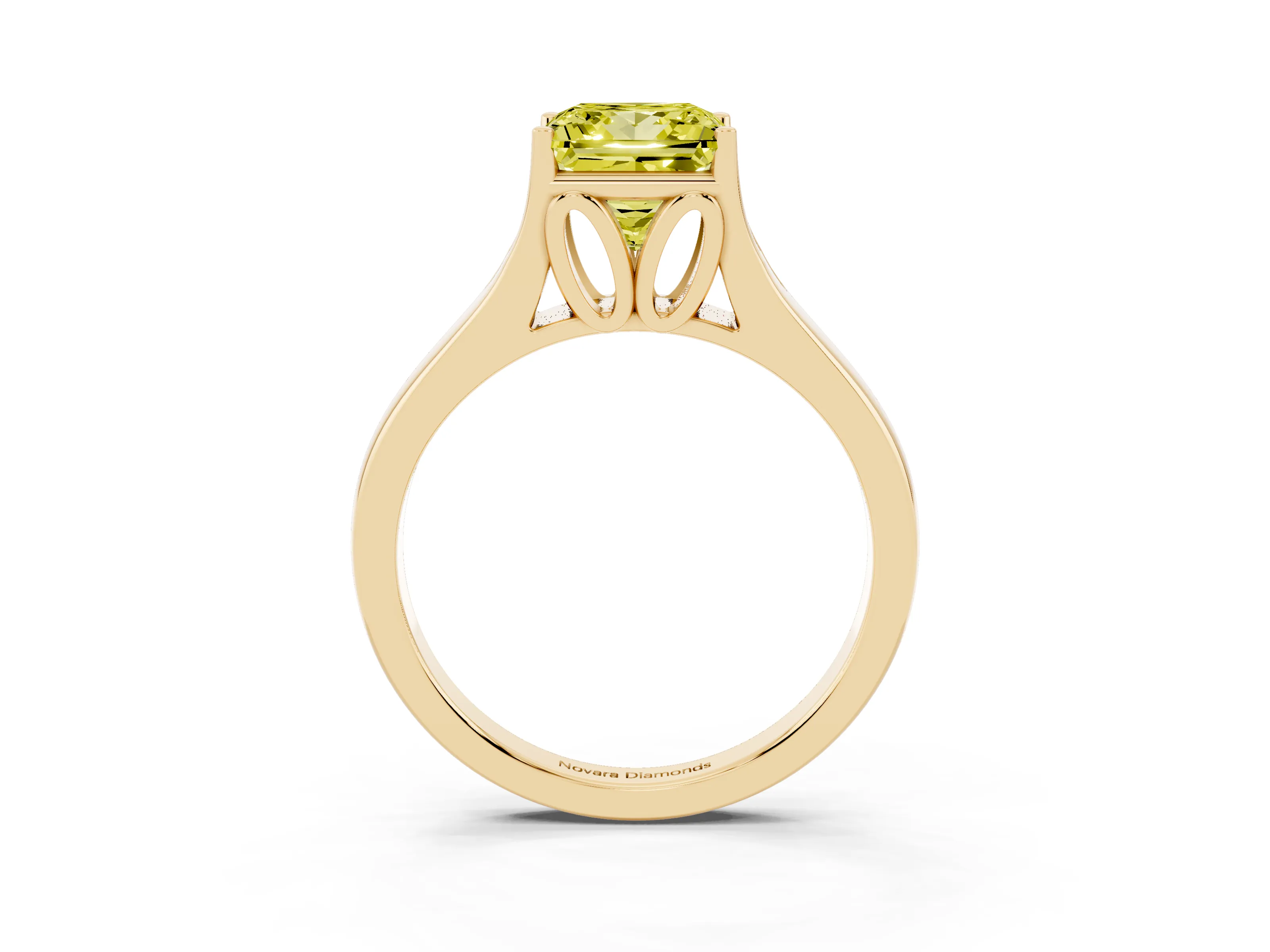 Fancy Yellow Princess Cut Diamond Solitaire Ring Set in Yellow gold with Arched Cathedral Band and Prong Setting