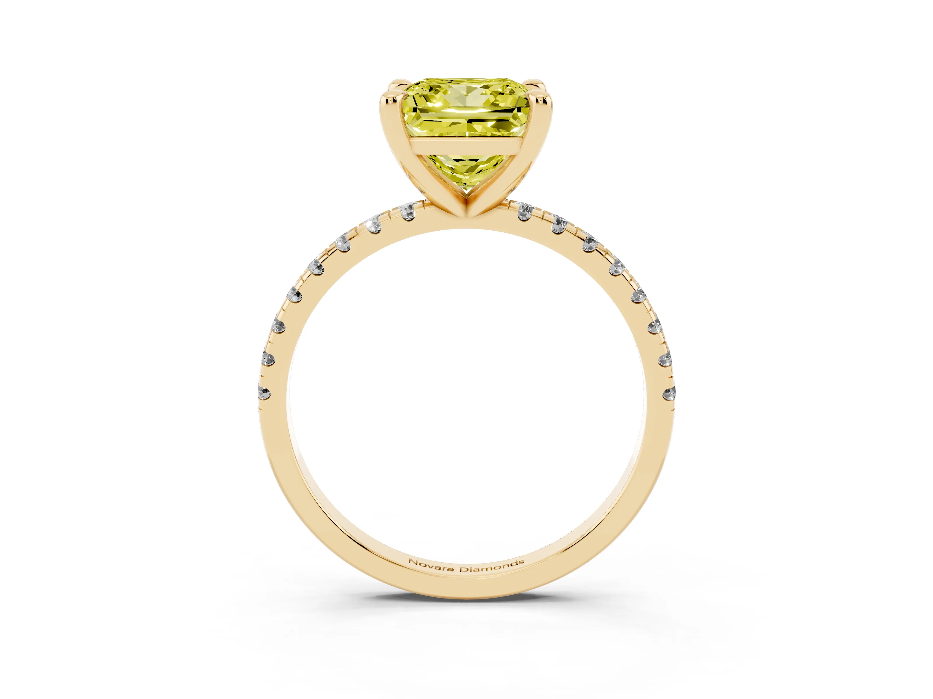 Fancy Yellow Princess Cut Diamond Brilliant Solitaire Ring Set in Yellow gold with Pavé Band and Prong Setting