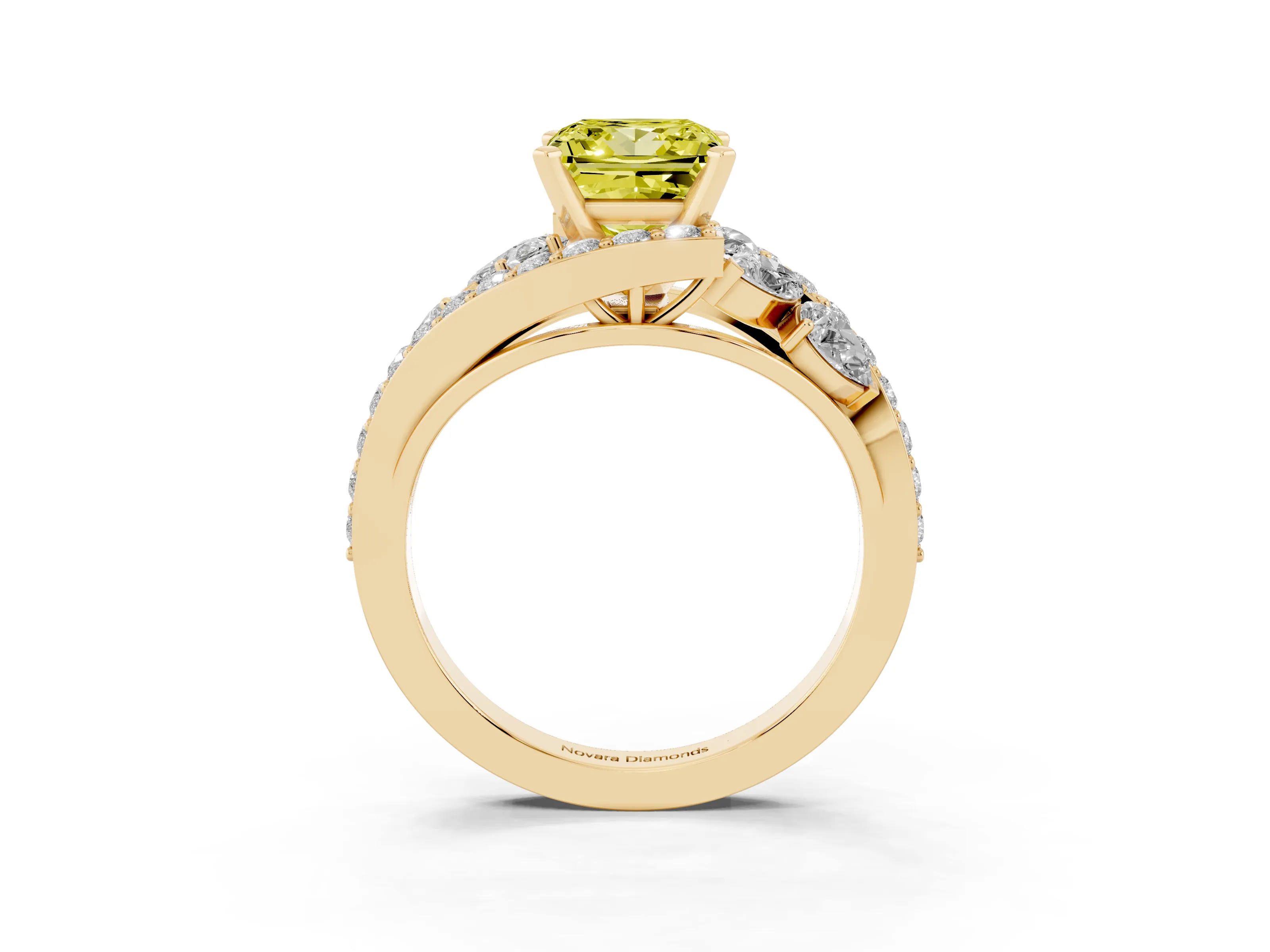 Fancy Yellow Princess Cut Diamond Halo Ring Set in Yellow gold with Marquise and Pavé Band in Prong Setting