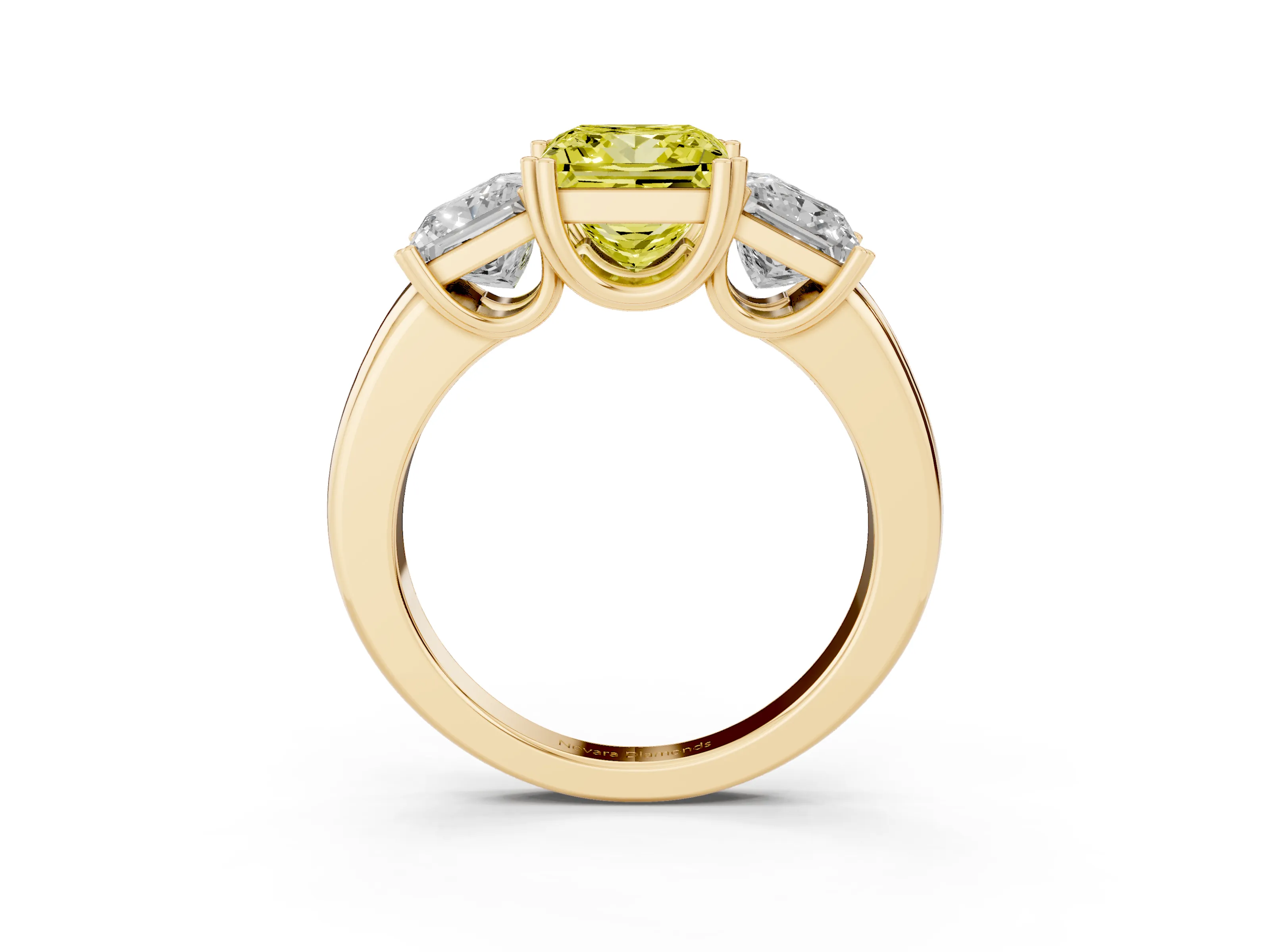 Fancy Yellow Princess Cut Diamond Three-Stone Ring Set in Yellow gold with Polished Channel-Set Band