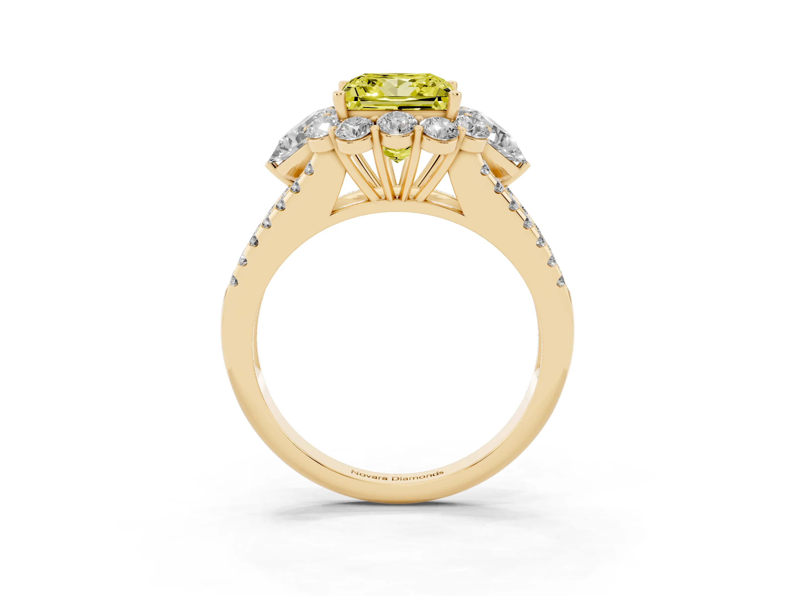 Fancy Yellow Princess Cut Diamond Halo Split Shank Engagement Ring Set in Yellow gold with Prong-Held Center Stone
