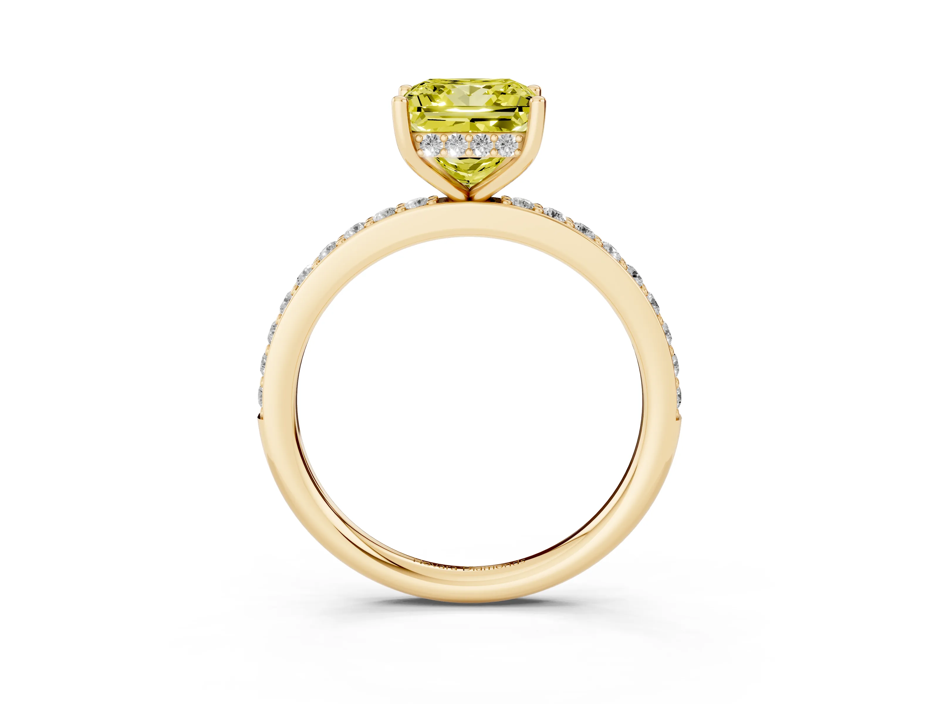 Fancy Yellow Princess Cut Diamond Pavé Band Ring Set in Yellow gold with Prong-Set Center Stone