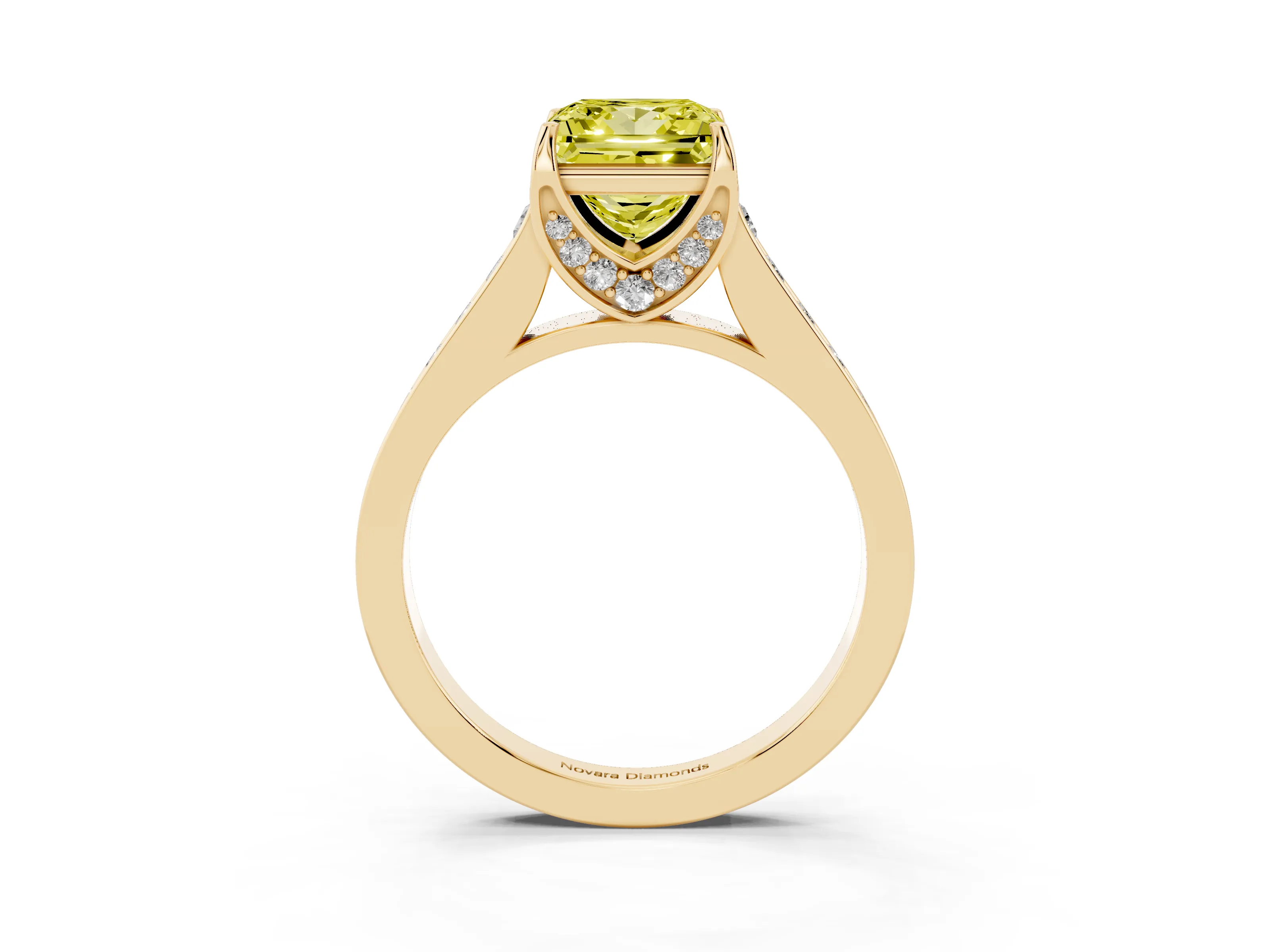 Fancy Yellow Princess Cut Diamond Solitaire Pavé Engagement Ring Set in Yellow gold with Prong Setting