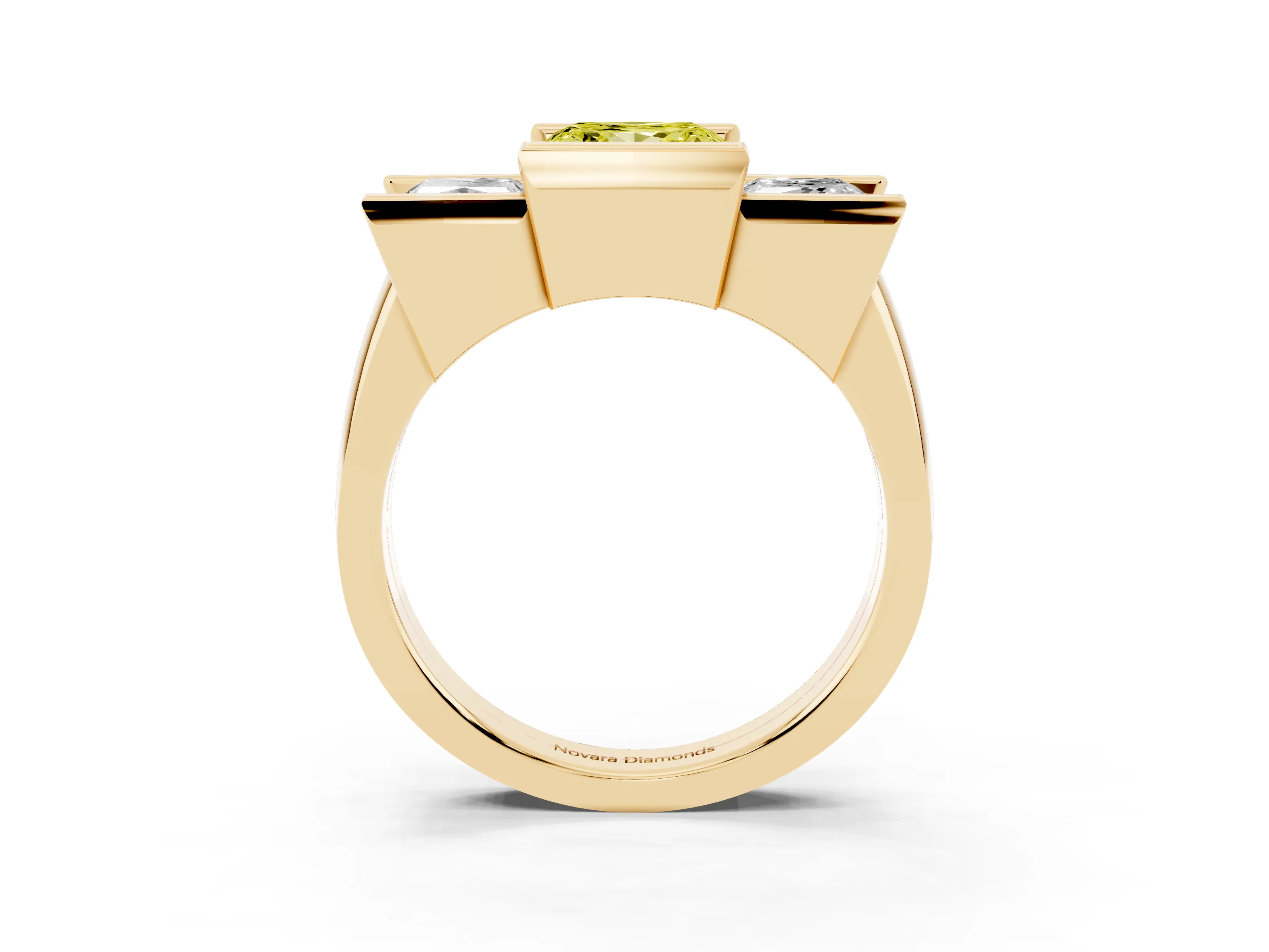 Fancy Yellow Princess Cut Diamond Three-Stone Channel Set Ring Set in Yellow gold with Smooth Polished Band