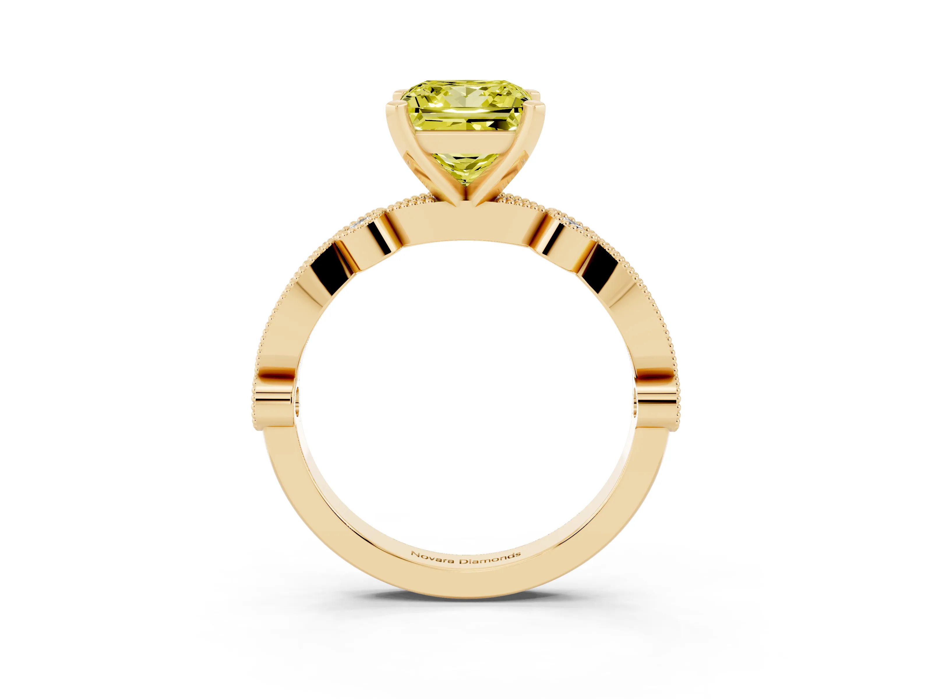 Fancy Yellow Princess Cut Diamond Solitaire Engagement Ring Set in Yellow gold with Milgrain Bezel Accent Band