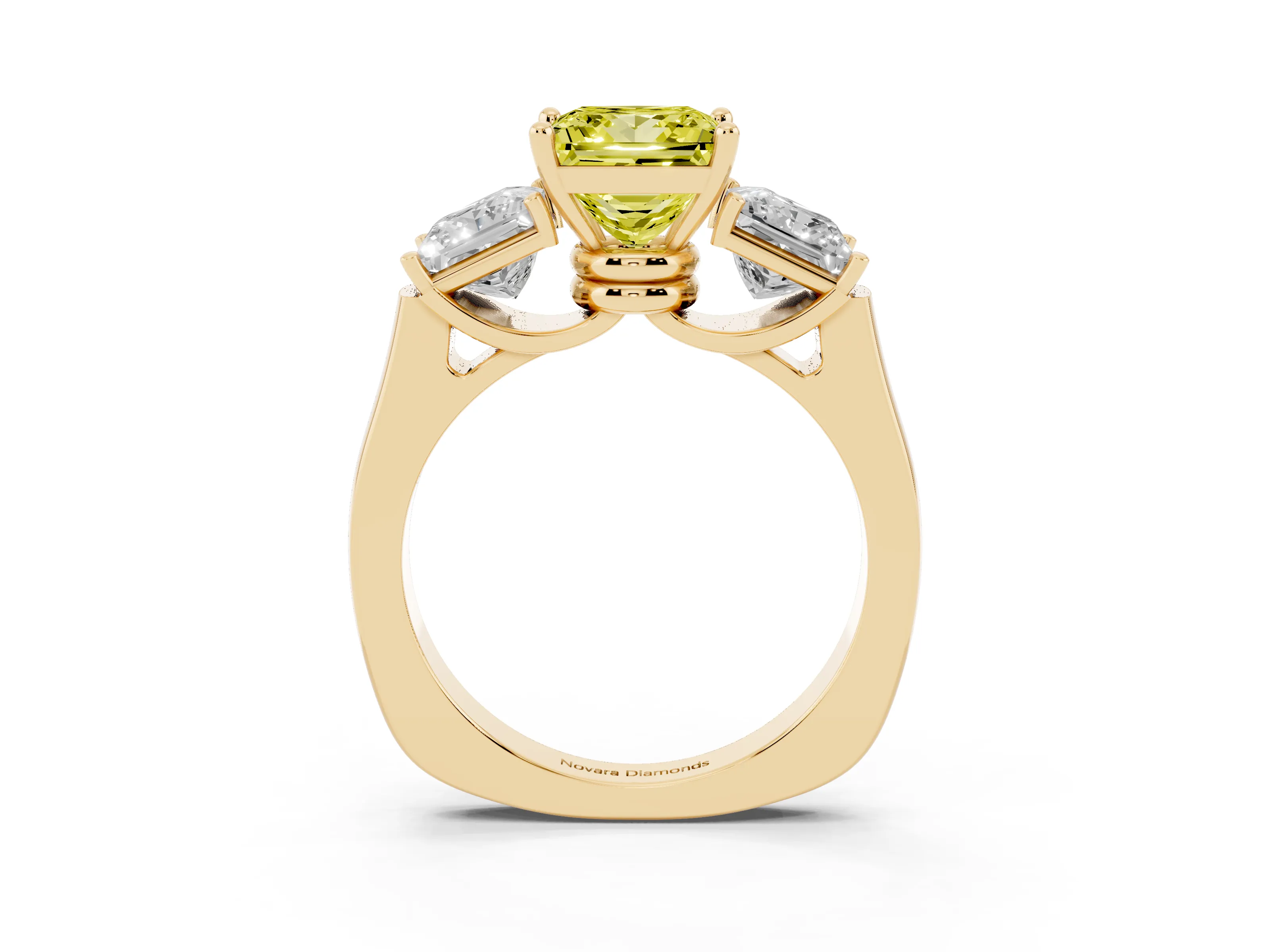 Fancy Yellow Princess Cut Diamond Three-Stone Trellis Ring Set in Yellow gold with Comfort Fit Band