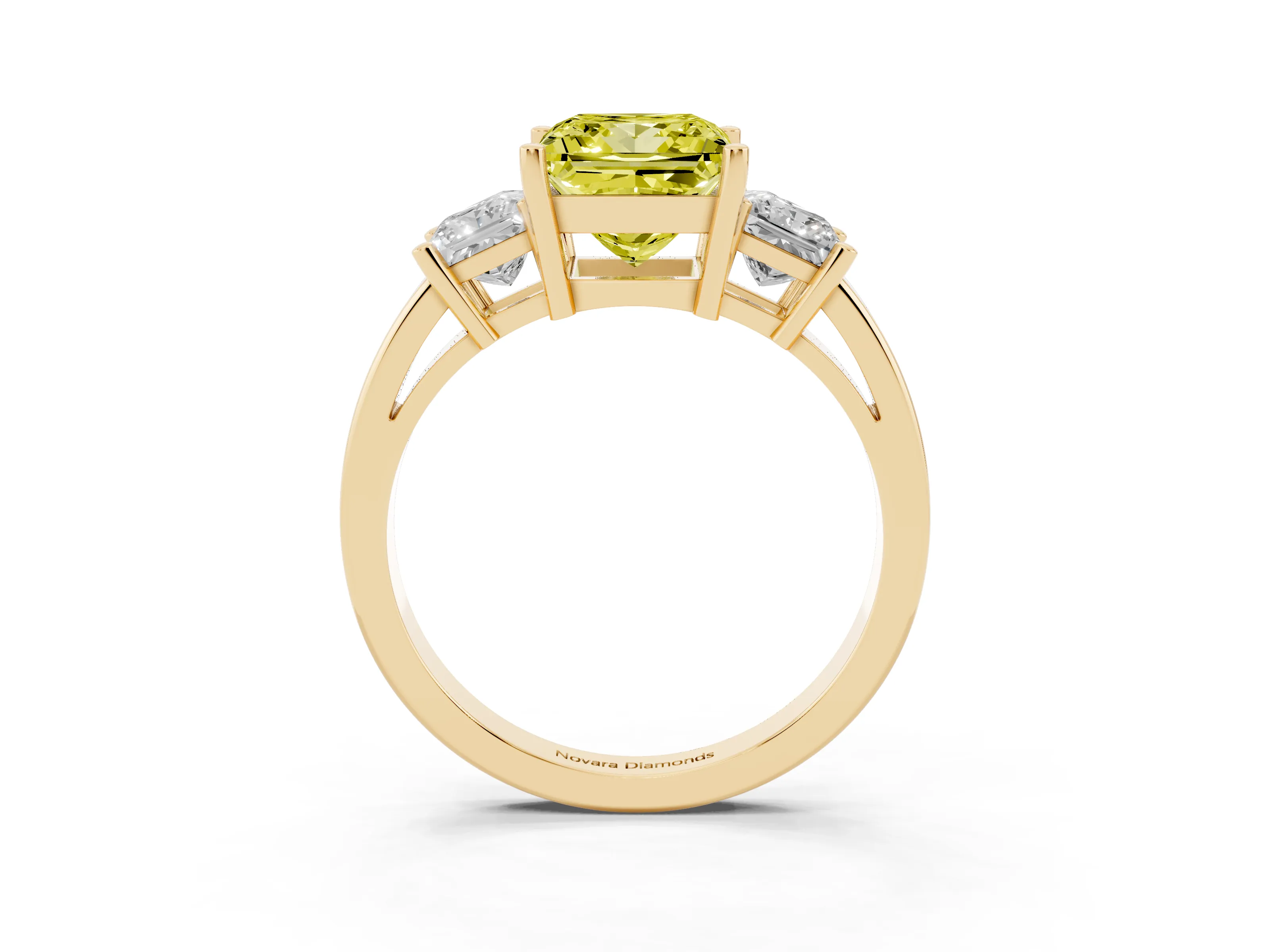 Fancy Yellow Three-Stone Princess Cut Diamond Solitaire Ring Set in Yellow gold with Prong Setting