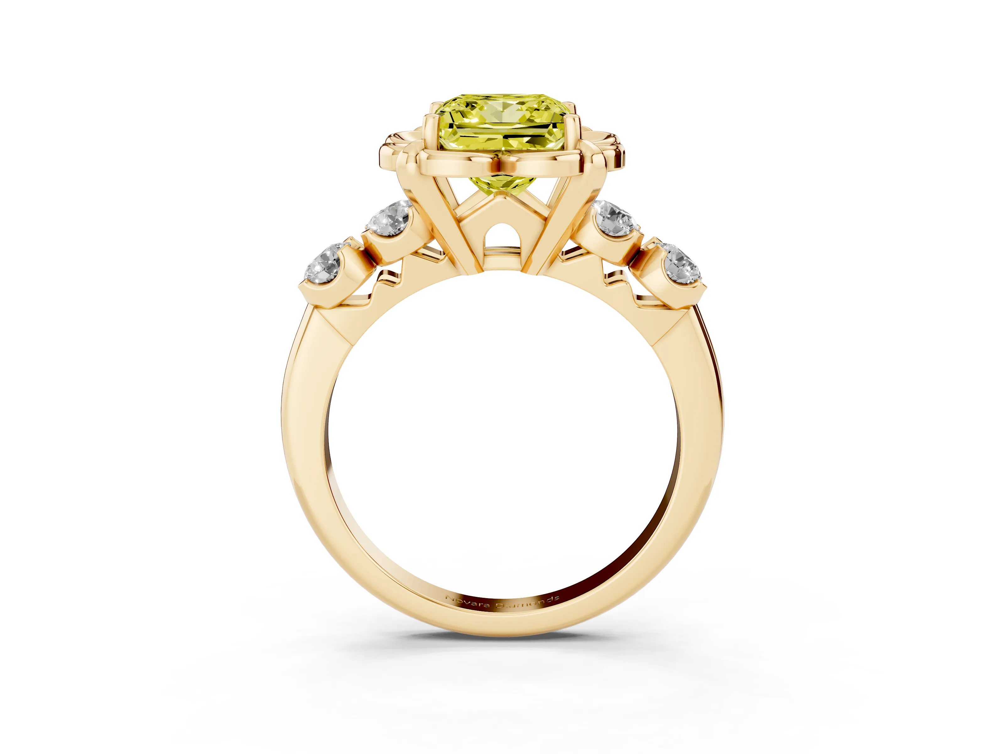 Fancy Yellow Princess Cut Diamond Floral Halo Ring Set in Yellow gold with Shared Prong Band