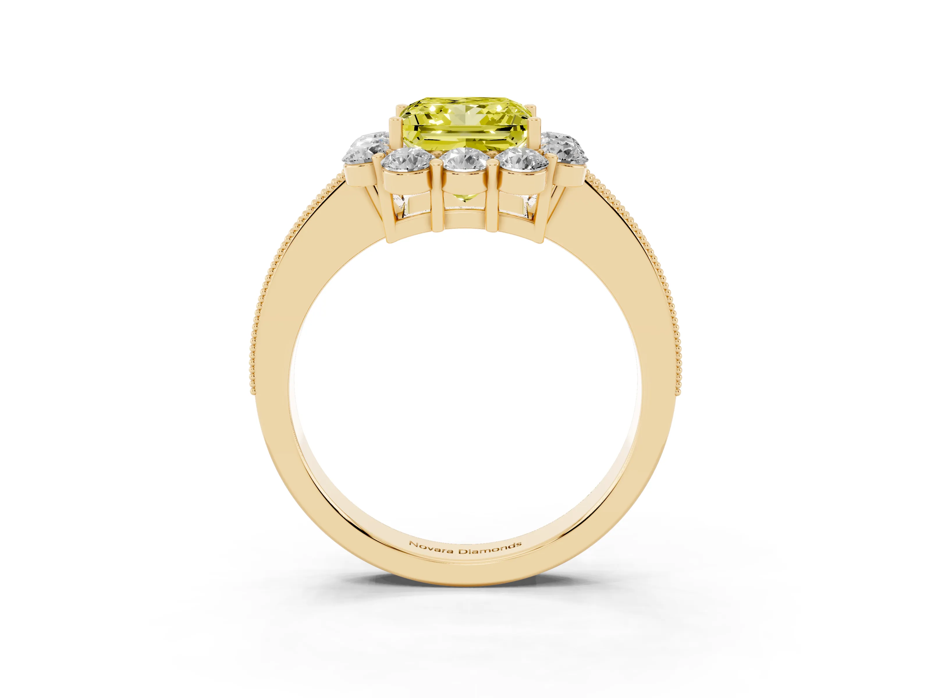 Fancy Yellow Princess Cut Diamond Halo Pavé Engagement Ring Set in Yellow gold with Milgrain Detailing