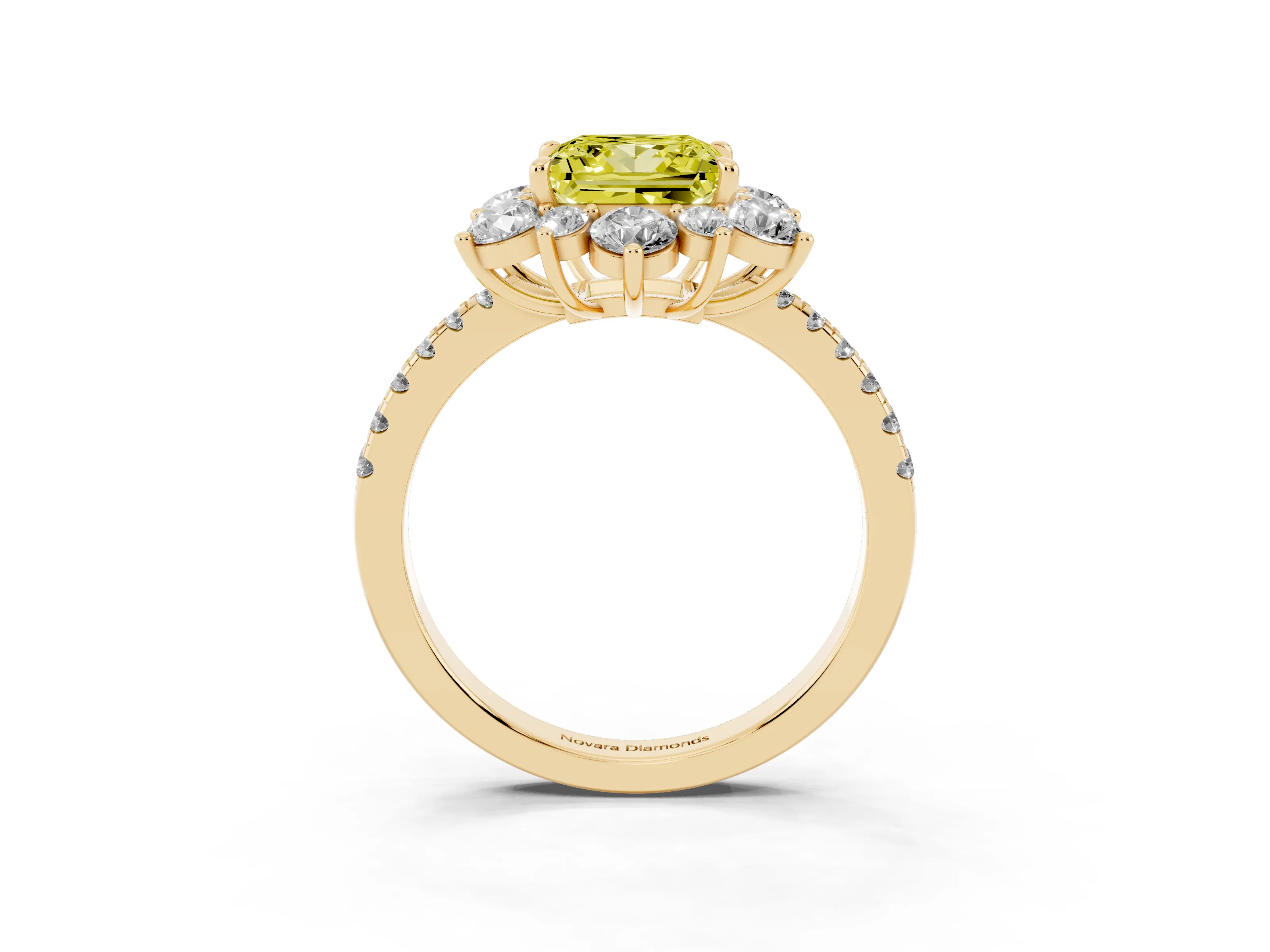 Fancy Yellow Princess Cut Diamond Floral Halo Ring Set in Yellow gold with Round Pavé Band and Prong Setting
