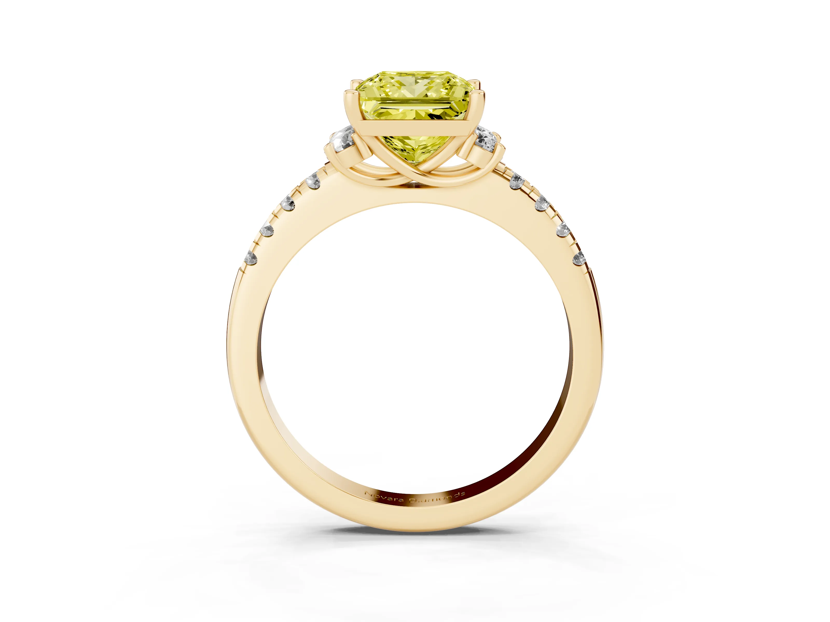 Fancy Yellow Princess Cut Diamond Three-Stone Pavé Ring Set in Yellow gold with Prong Setting