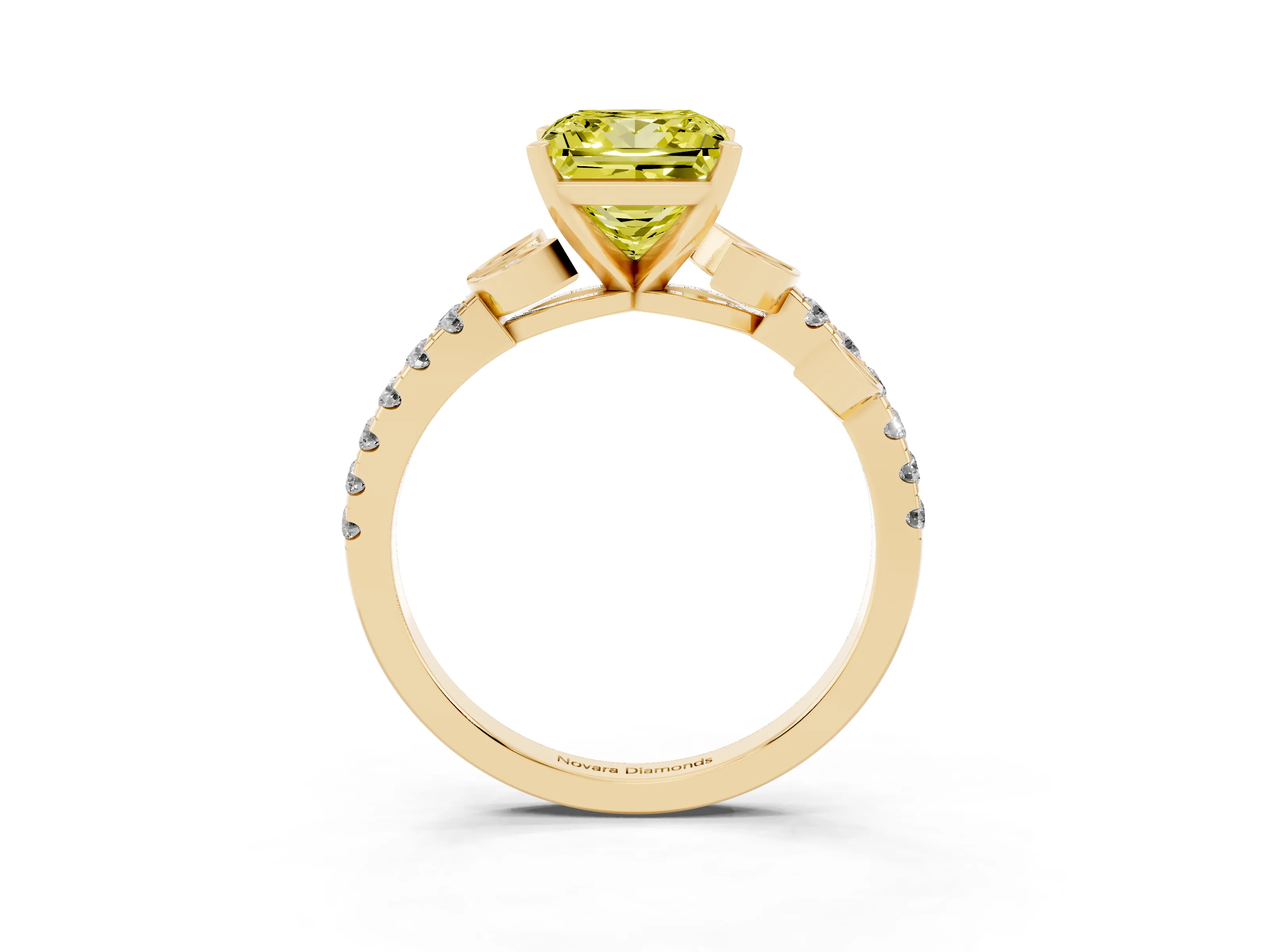 Fancy Yellow Princess Cut Diamond Solitaire Leaf-Inspired Ring Set in Yellow gold with Pavé Band and Prong Setting