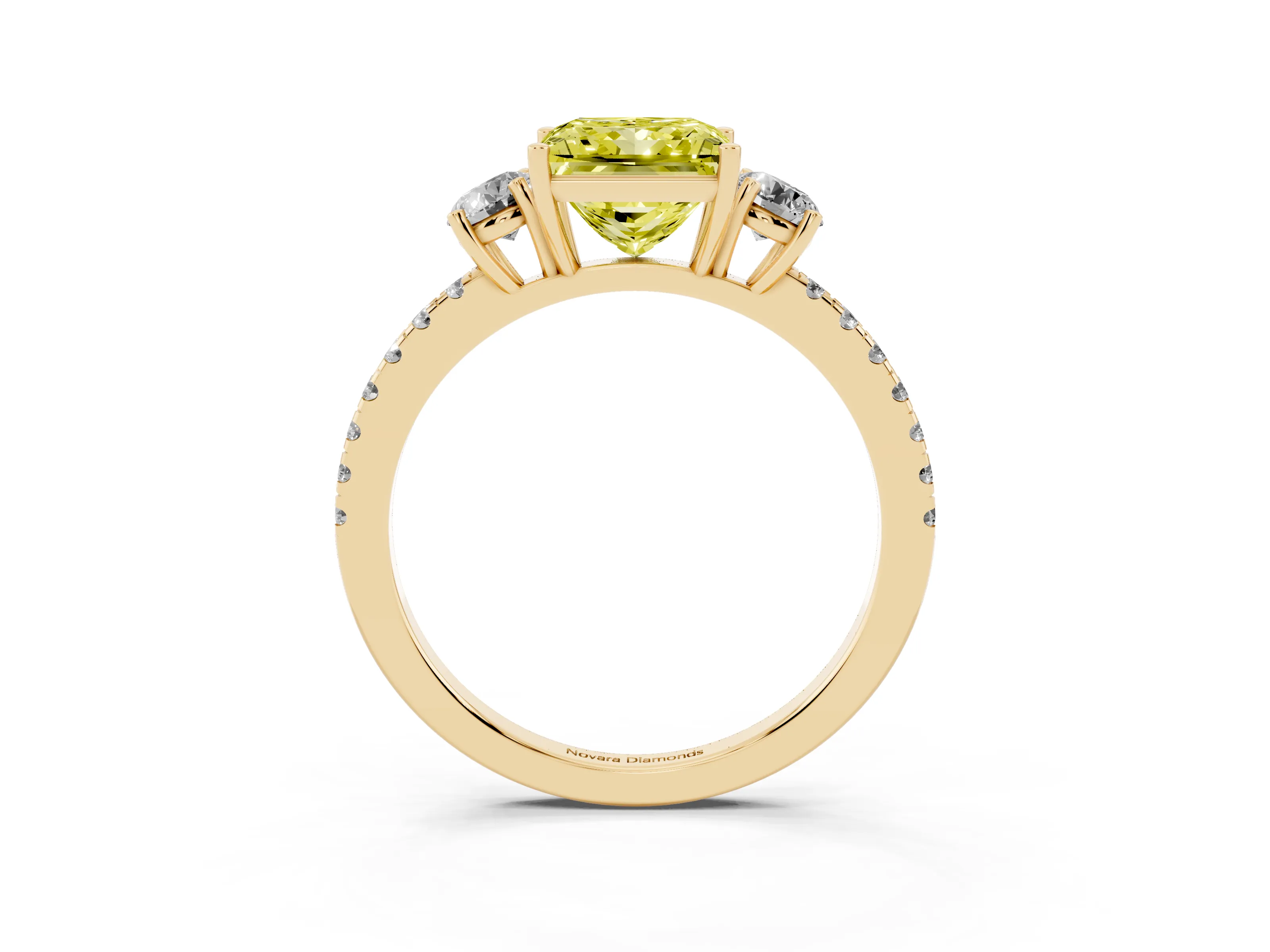 Fancy Yellow Princess Cut Diamond Three-Stone Ring Set in Yellow gold with Pavé Band and Graduated Sides