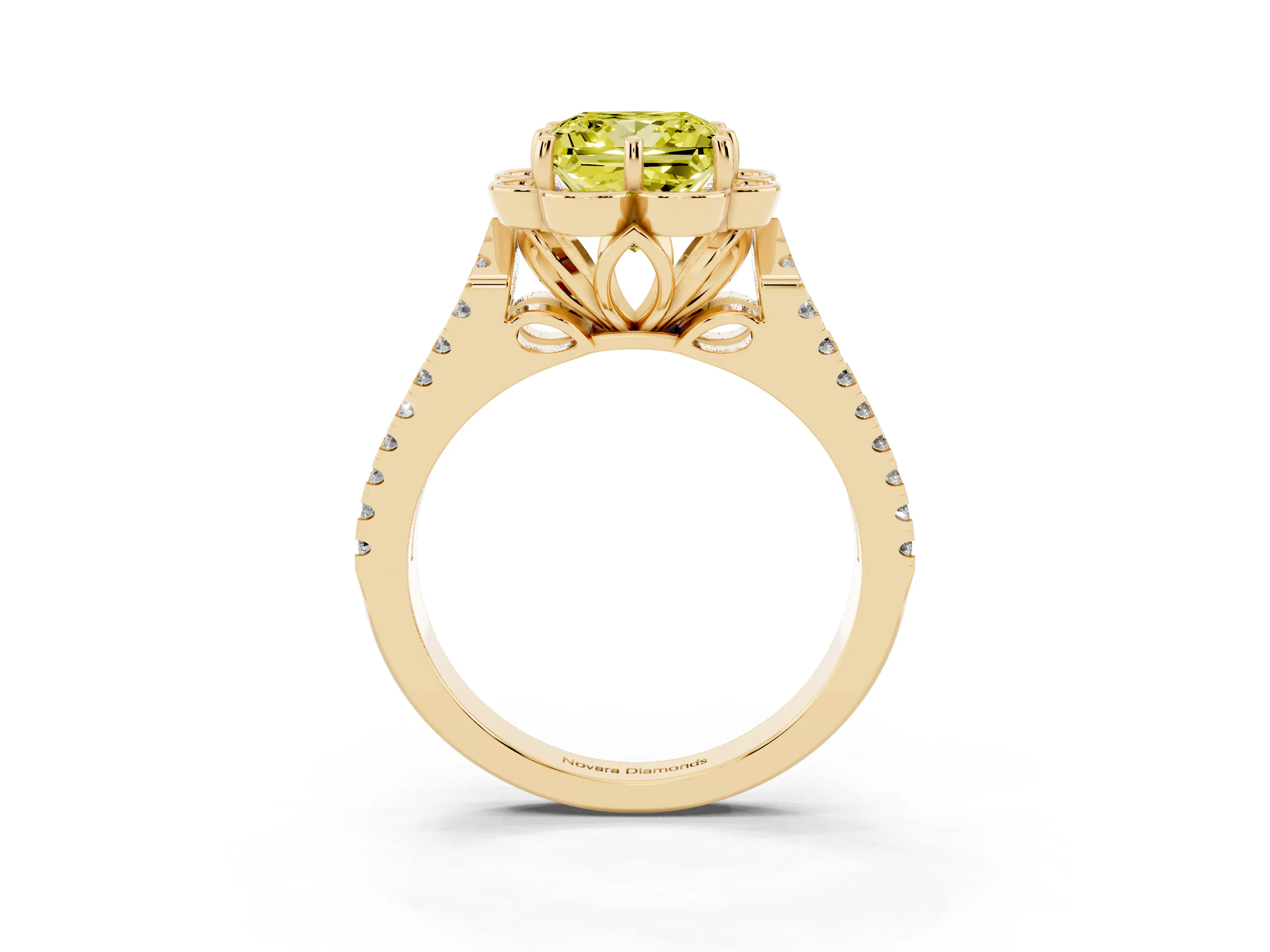Fancy Yellow Princess Cut Diamond Floral Halo Split Shank Engagement Ring Set in Yellow gold with Pavé Shank