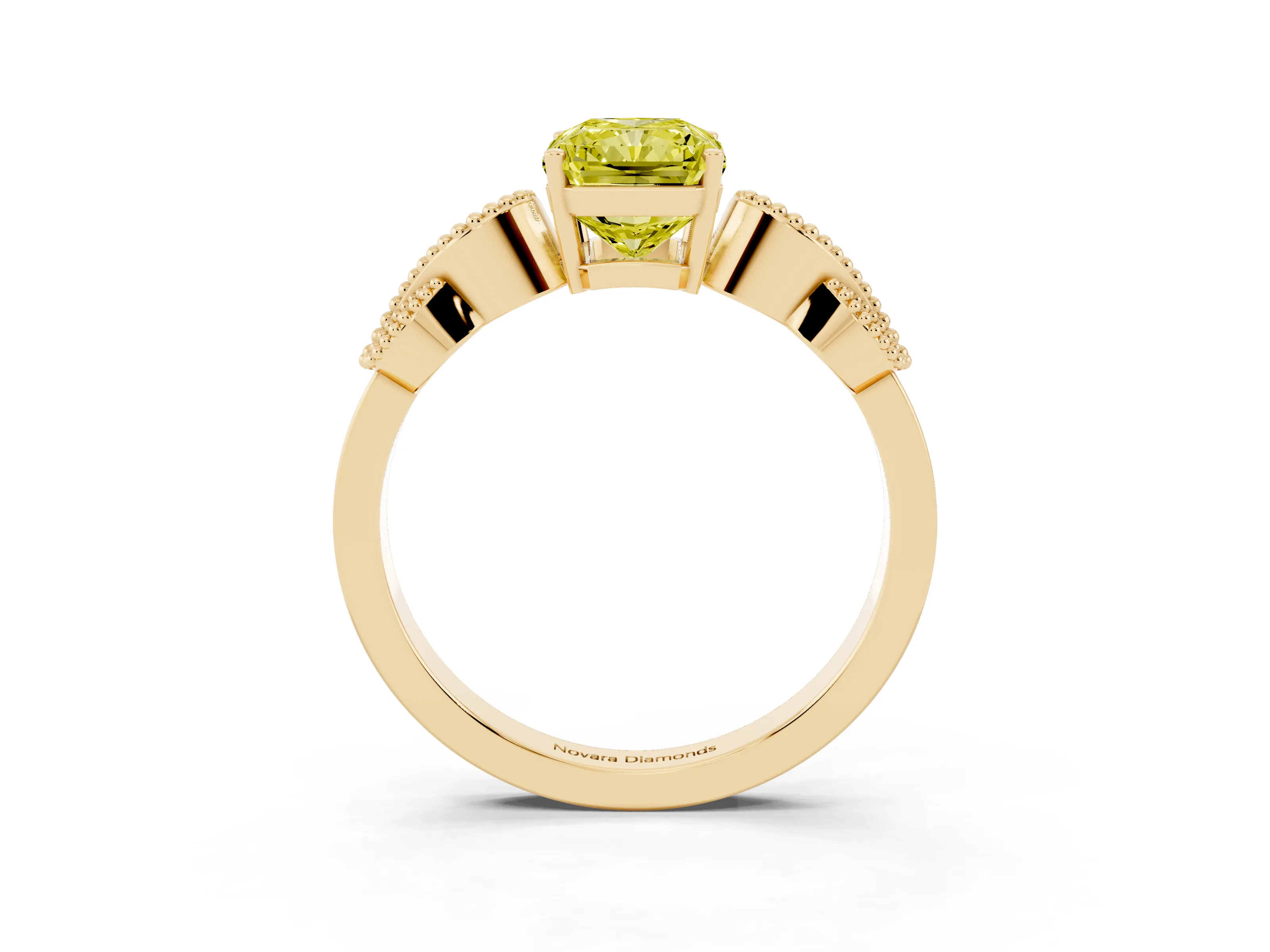 Fancy Yellow Princess Cut Diamond Milgrain Leaf Band Solitaire Ring Set in Yellow gold with Accent Stones and Prong Setting