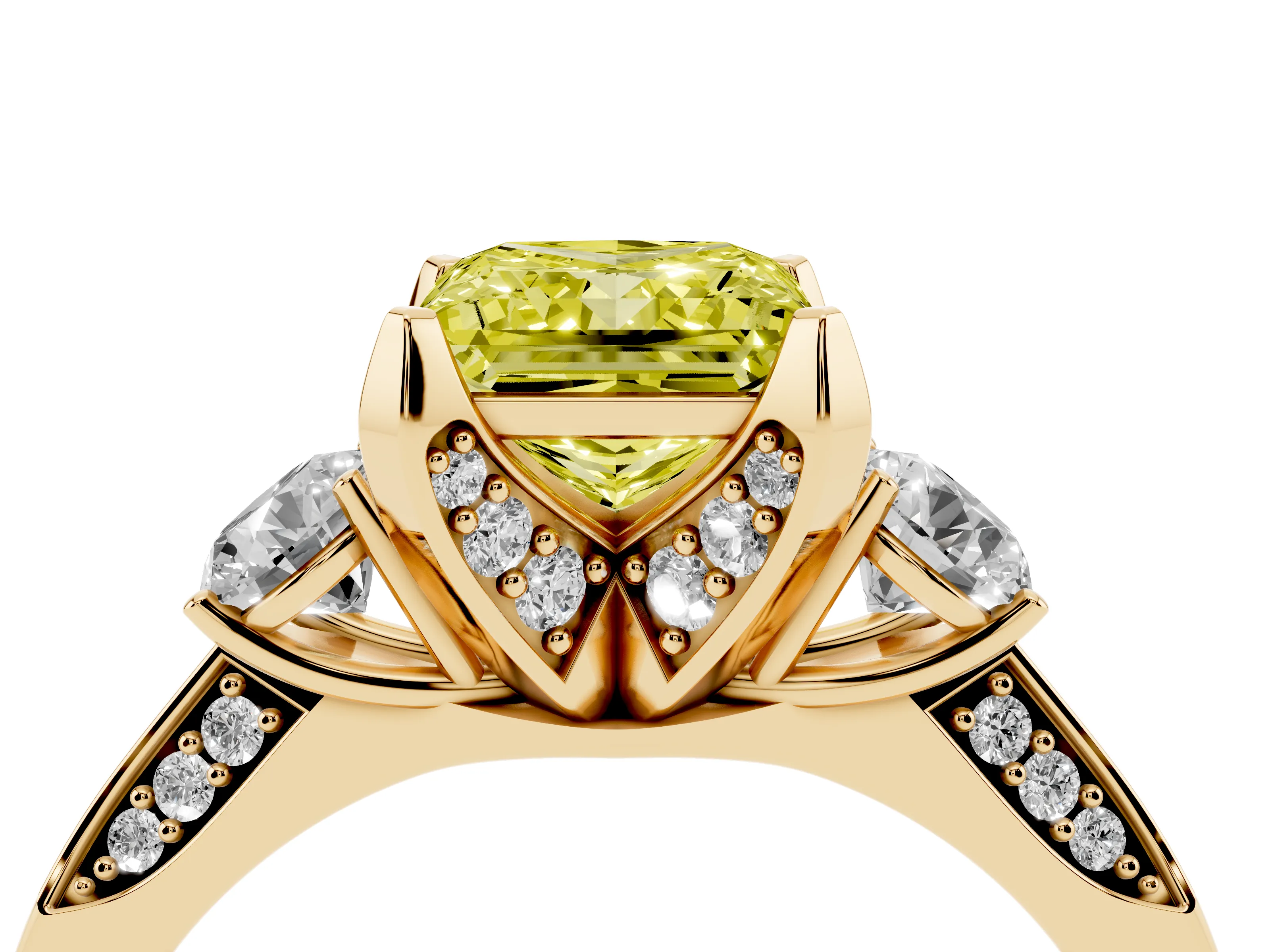 Fancy Yellow Princess Cut Diamond Three-Stone Ring Set in Yellow gold with Pavé Band and Smaller Side Stones