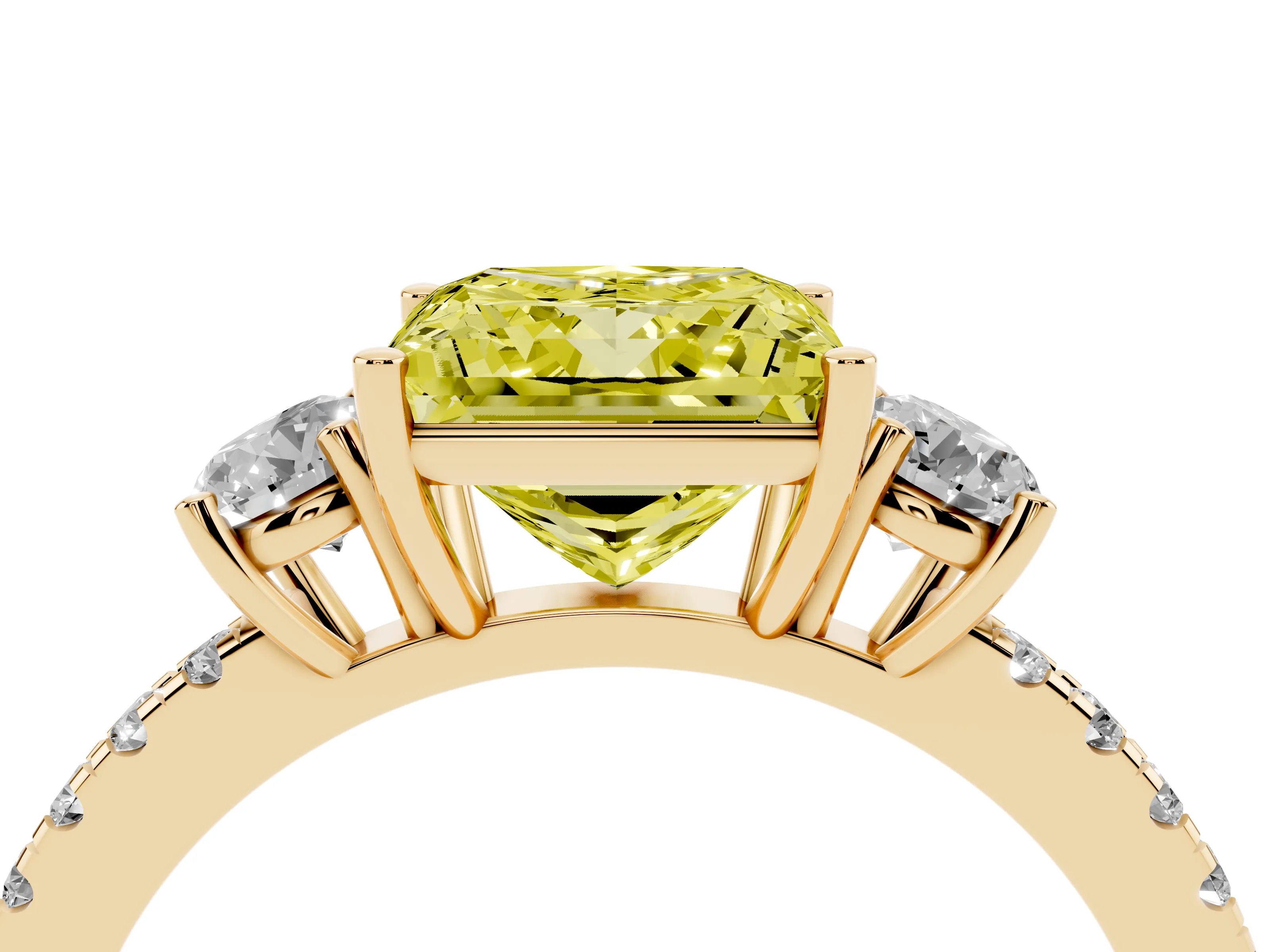 Fancy Yellow Princess Cut Diamond Three-Stone Ring Set in Yellow gold with Pavé Band and Graduated Sides
