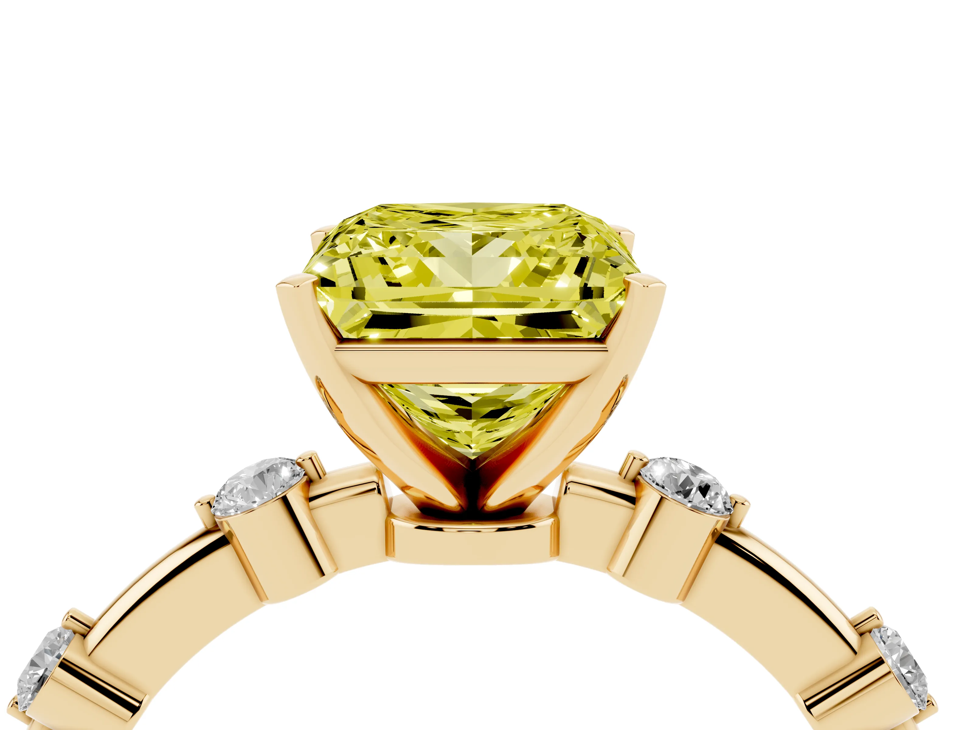 Fancy Yellow Princess Cut Diamond Solitaire Ring Set in Yellow gold with Bezel Set Side Stones and Prong Setting