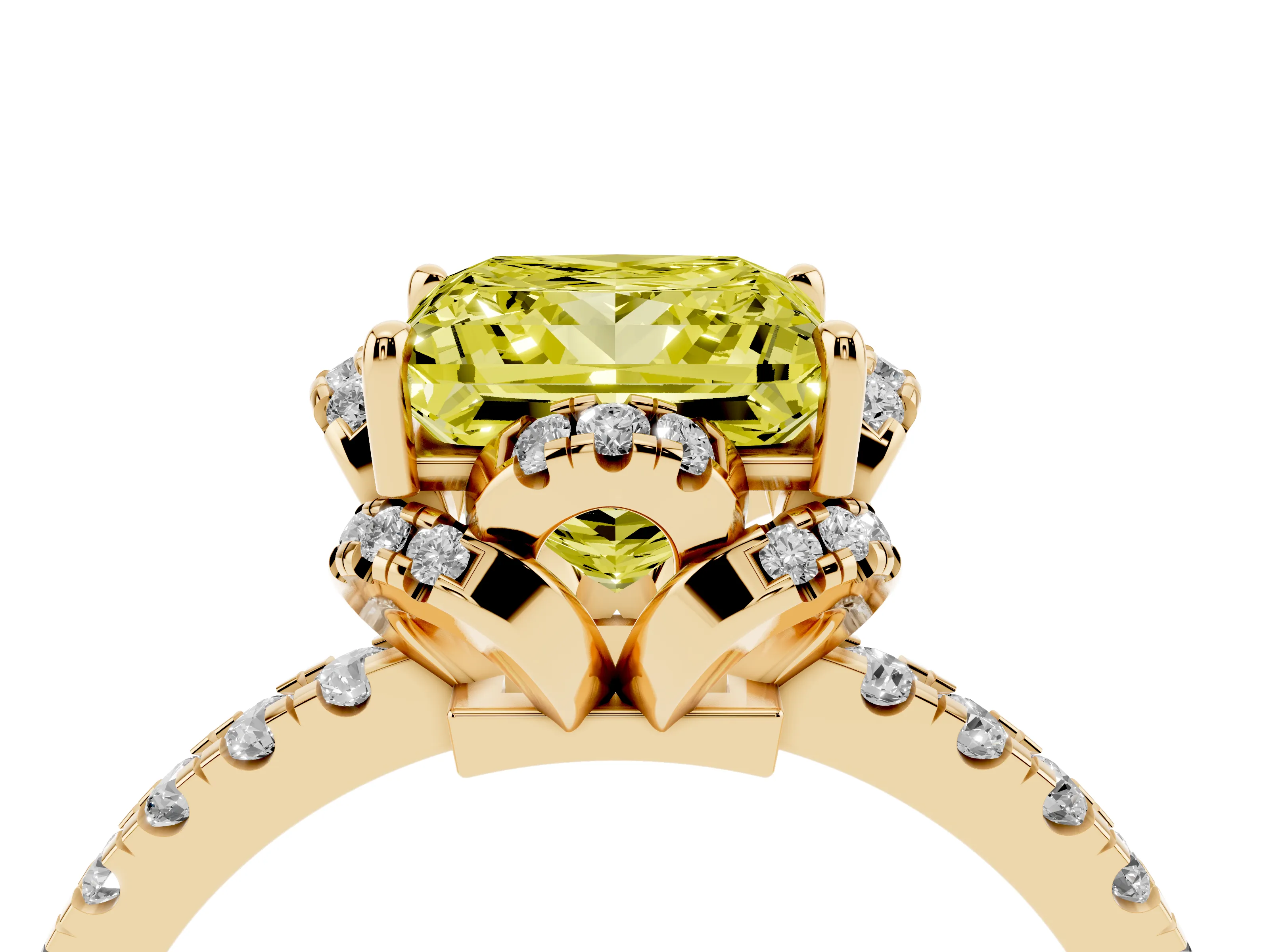 Fancy Yellow Princess Cut Diamond Halo Pavé Band Ring Set in Yellow gold with Prong-Held Center