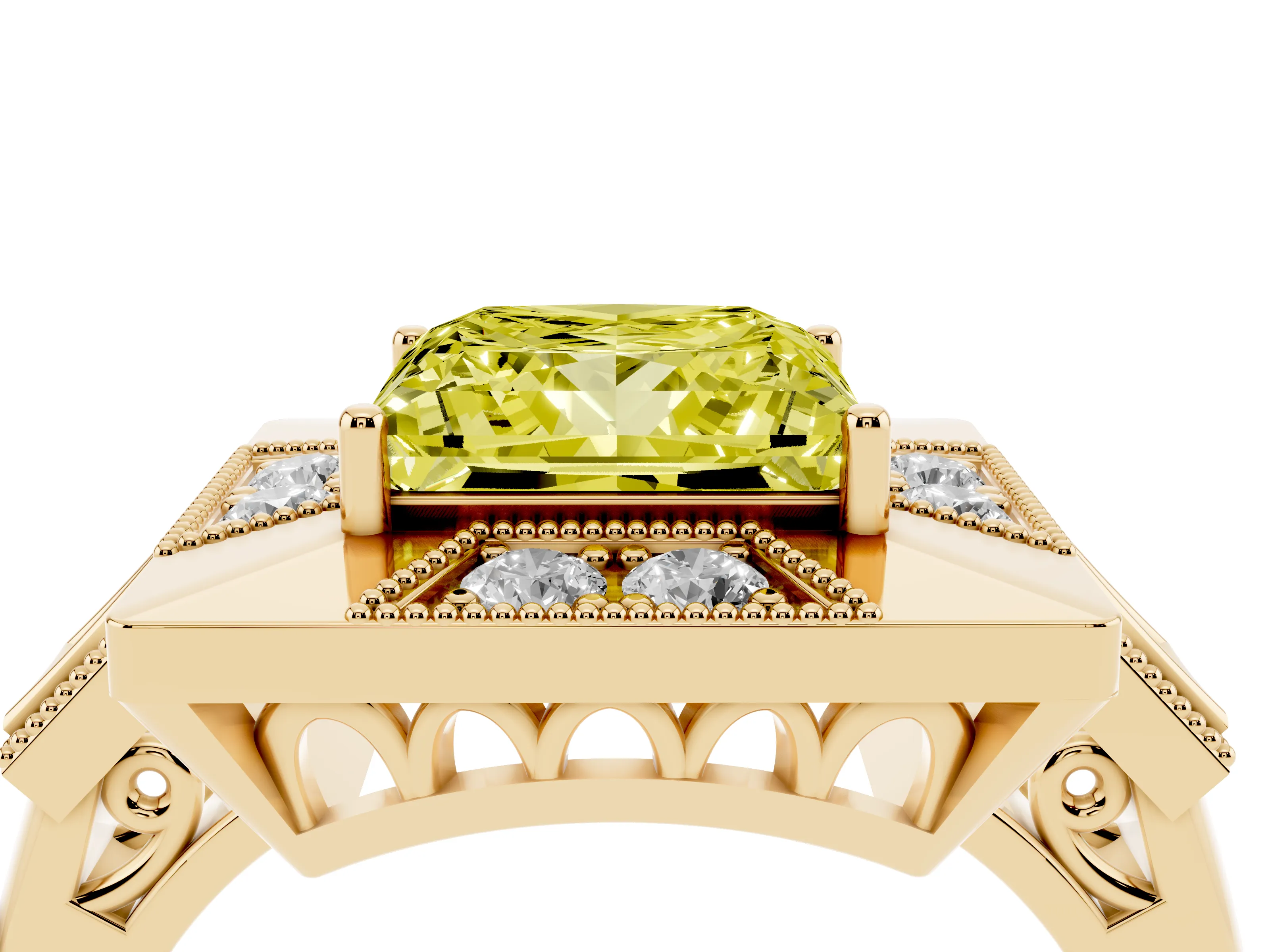 Fancy Yellow Princess Cut Diamond Milgrain Halo Ring Set in Yellow gold with Split Shank