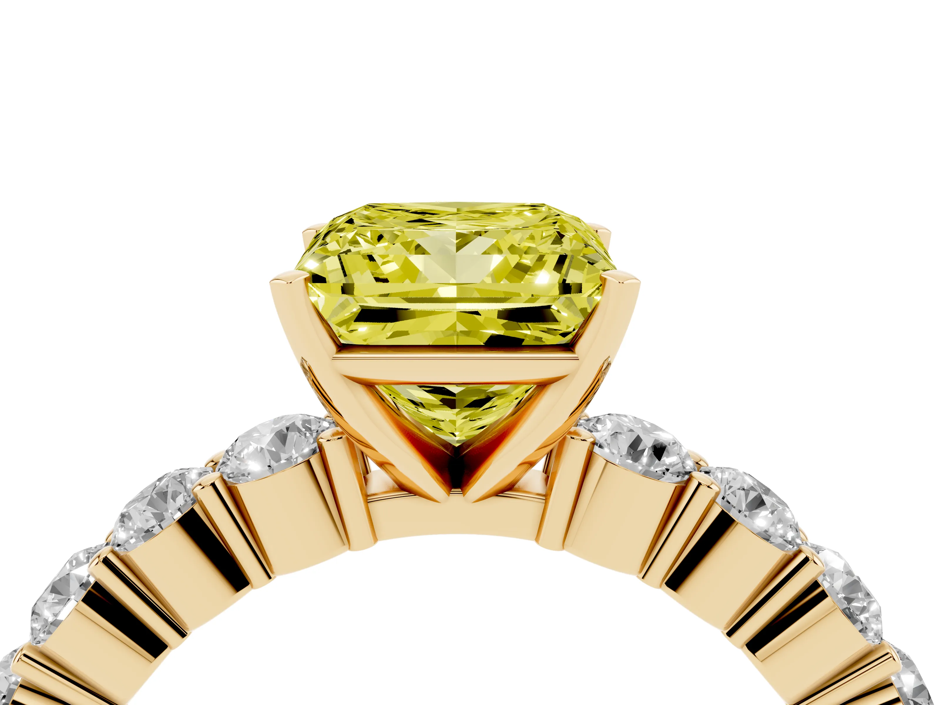 Fancy Yellow Princess Cut Diamond Solitaire Ring Set in Yellow gold with Shared Prong Round Side Stones