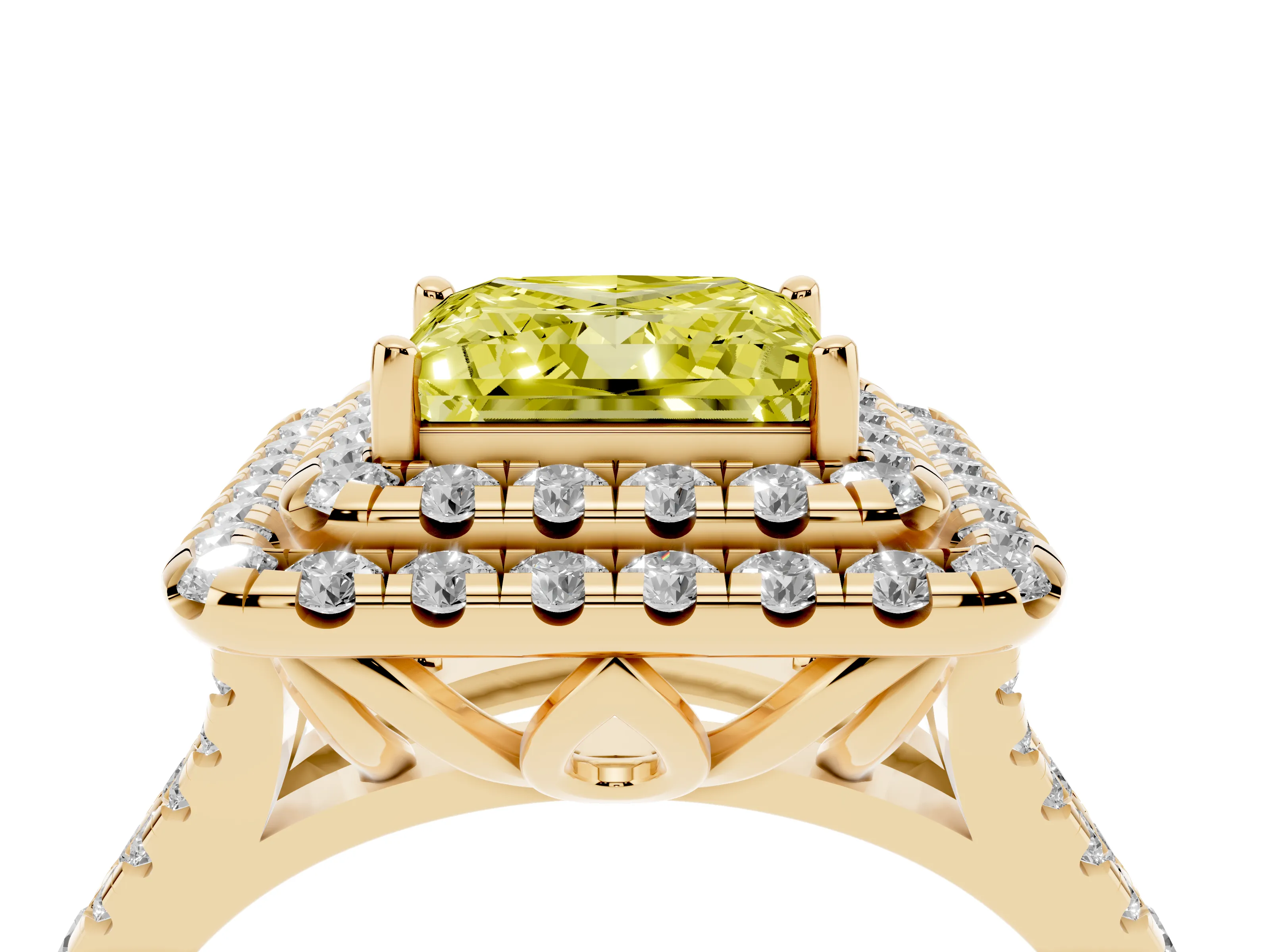 Fancy Yellow Princess Cut Diamond Double Halo Ring Set in Yellow gold with Pavé Split Shank and Prong Setting