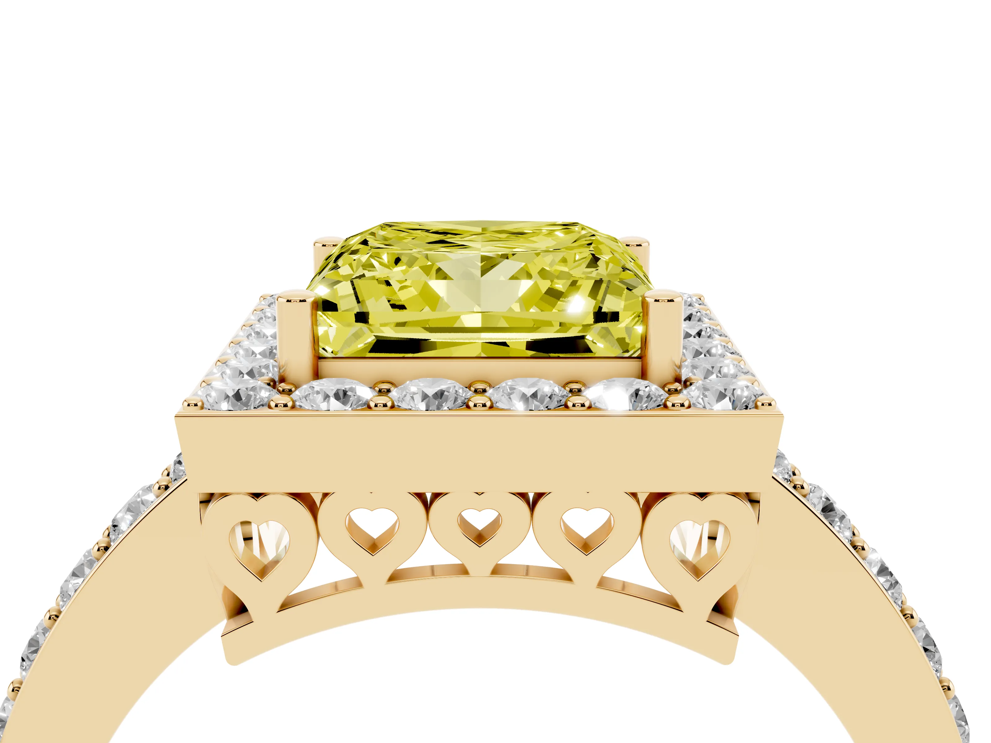 Fancy Yellow Princess Cut Diamond Halo Ring Set in Yellow gold with Pavé-Setting Band and Open Prong Center