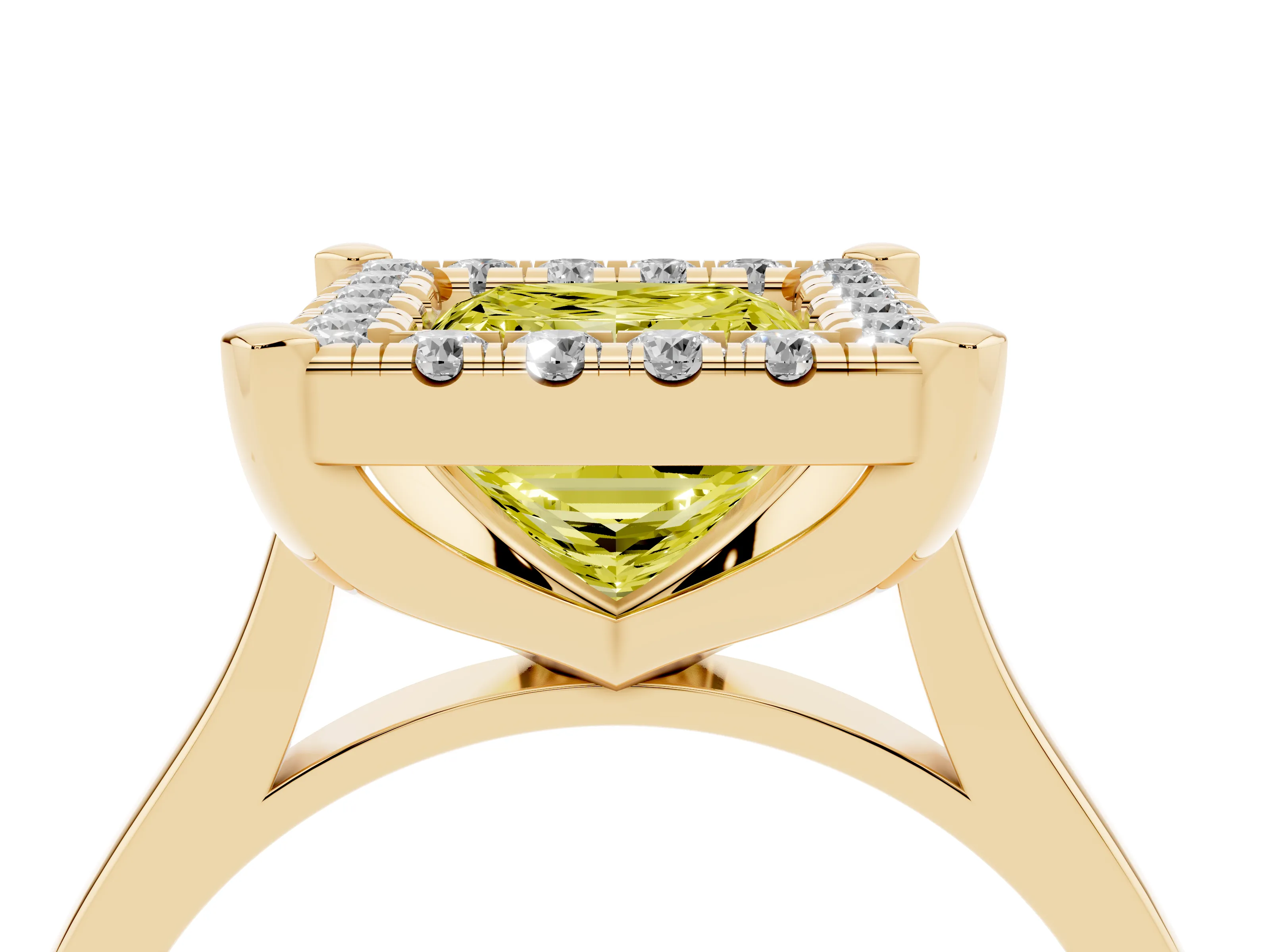 Fancy Yellow Princess Cut Diamond Cluster Halo Solitaire Ring Set in Yellow gold with Prong Setting