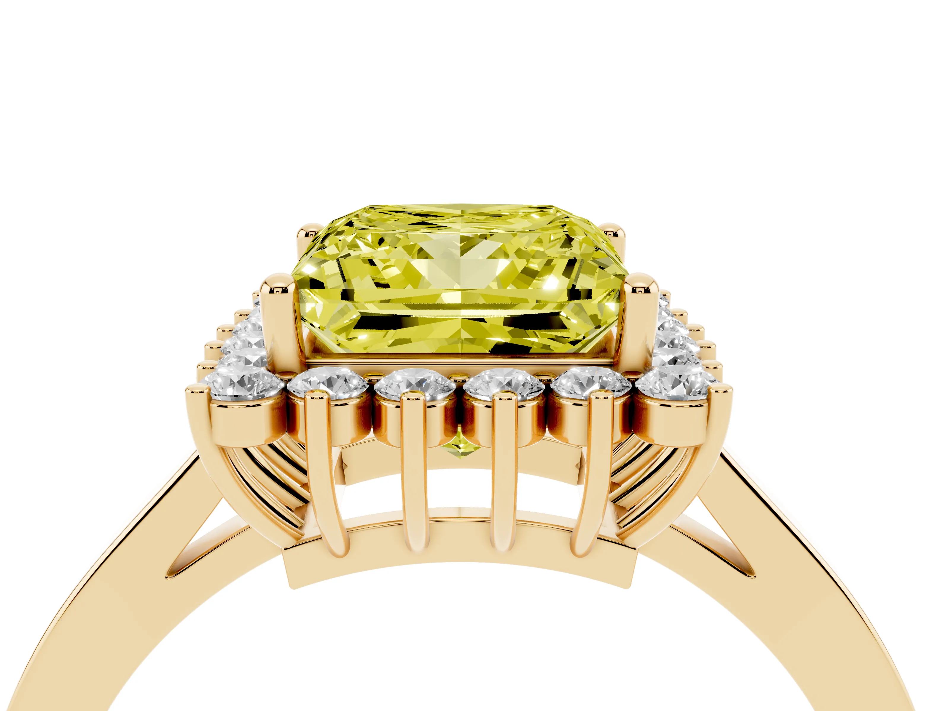 Fancy Yellow Princess Cut Diamond Halo Ring Set in Yellow gold with Round Halo and Smooth Solitaire Band