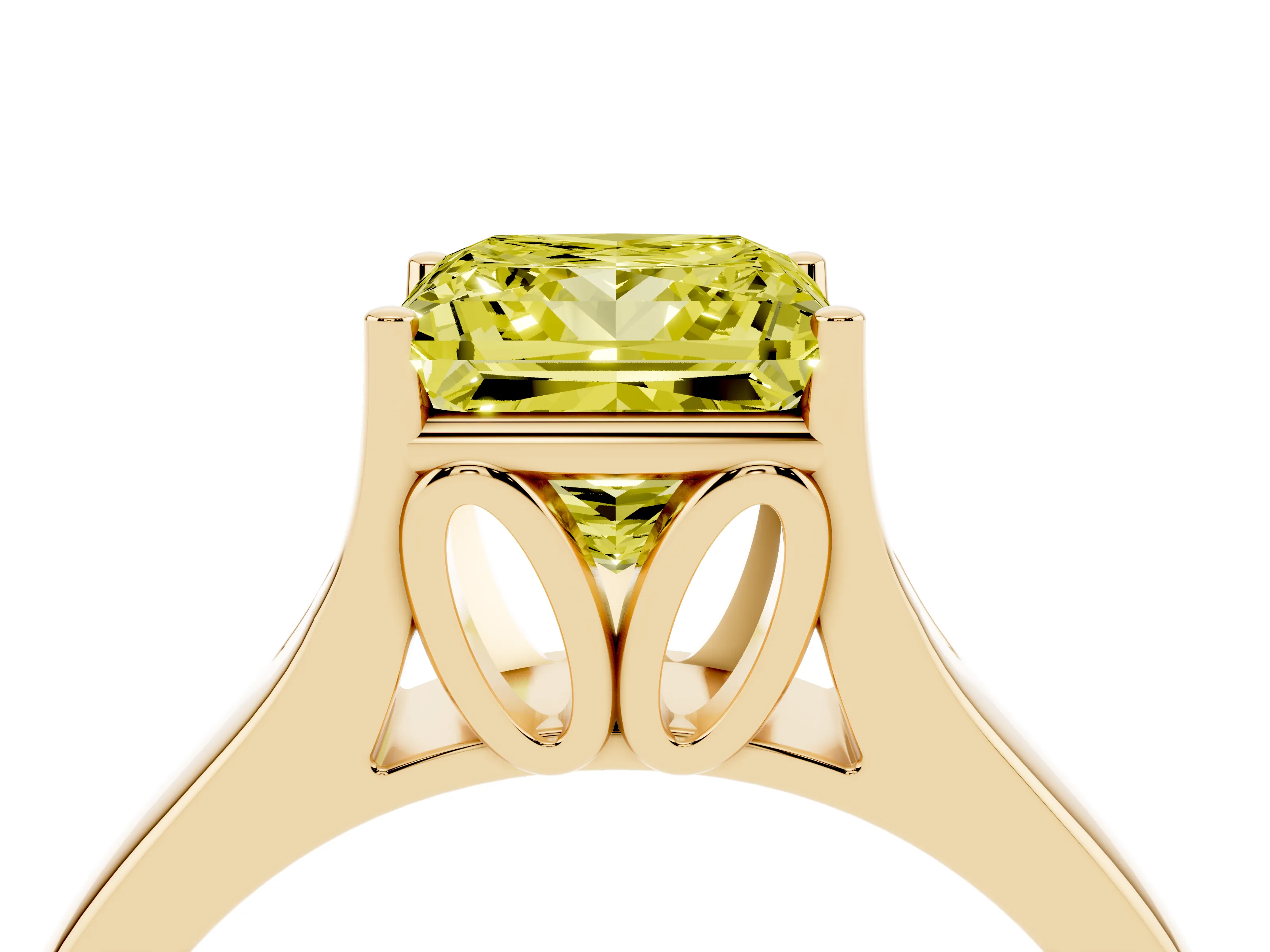 Fancy Yellow Princess Cut Diamond Solitaire Ring Set in Yellow gold with Arched Cathedral Band and Prong Setting