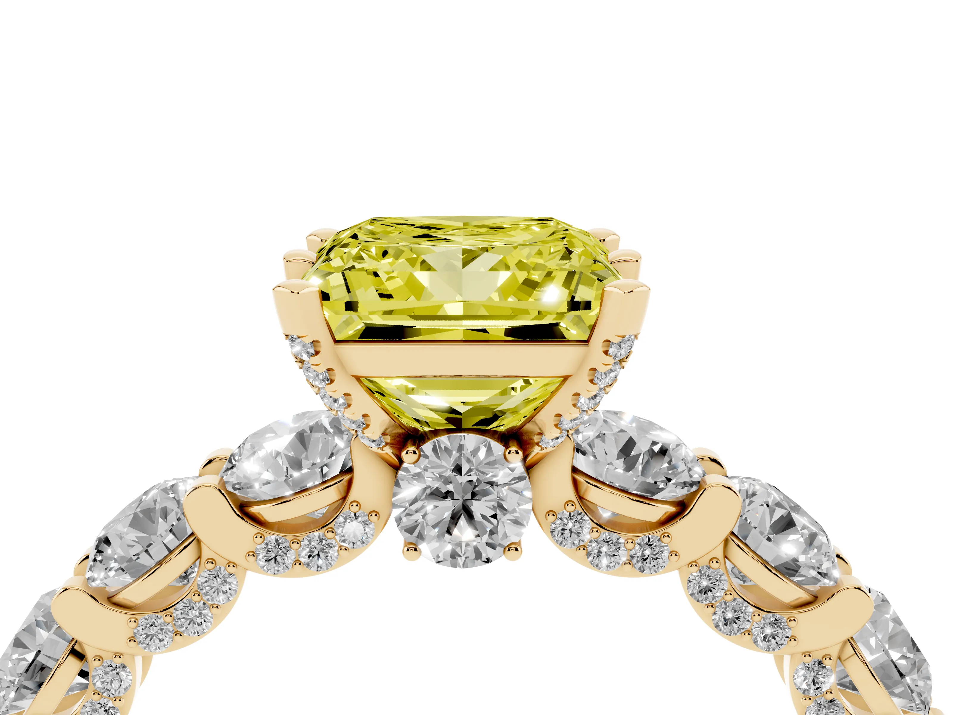 Fancy Yellow Princess Cut Diamond Side Stone Ring Set in Yellow gold with Alternating Round and Oval Side Stones