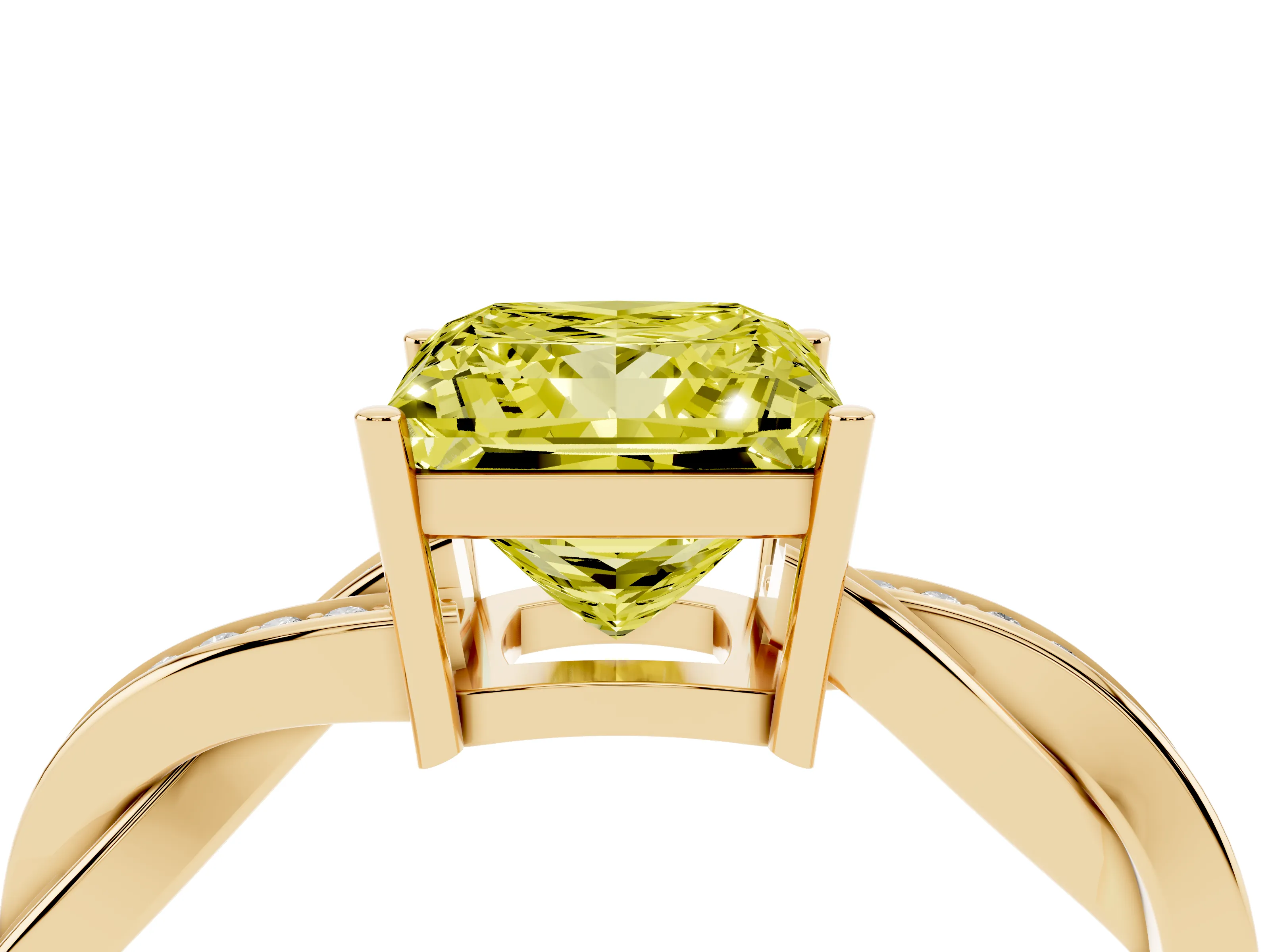 Fancy Yellow Princess Cut Diamond Solitaire Twisted Pavé Ring Set in Yellow gold with Prong Setting