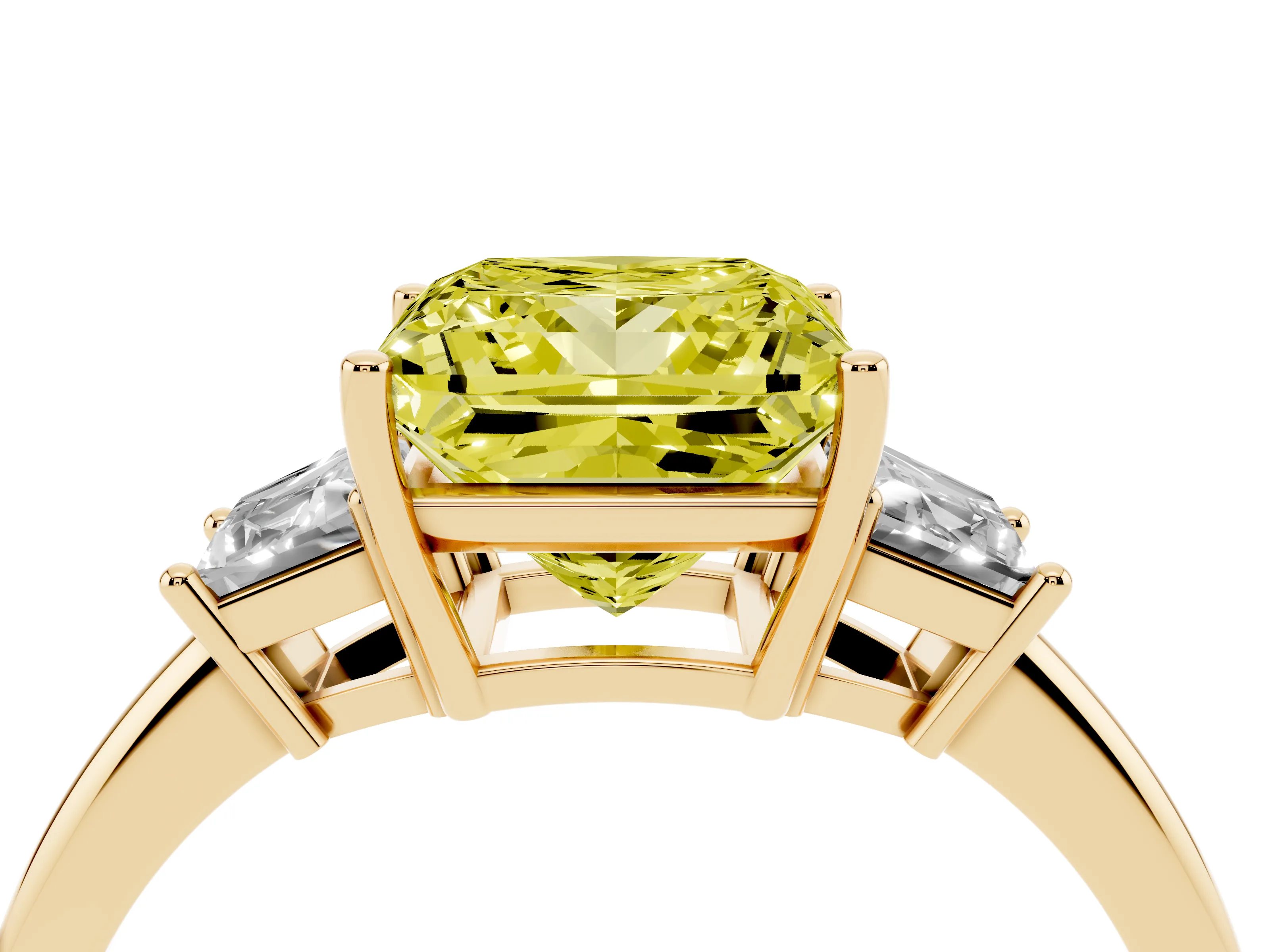Fancy Yellow Princess Cut Diamond Three-Stone Ring Set in Yellow gold with Trapezoid Side Stones and Prong Setting