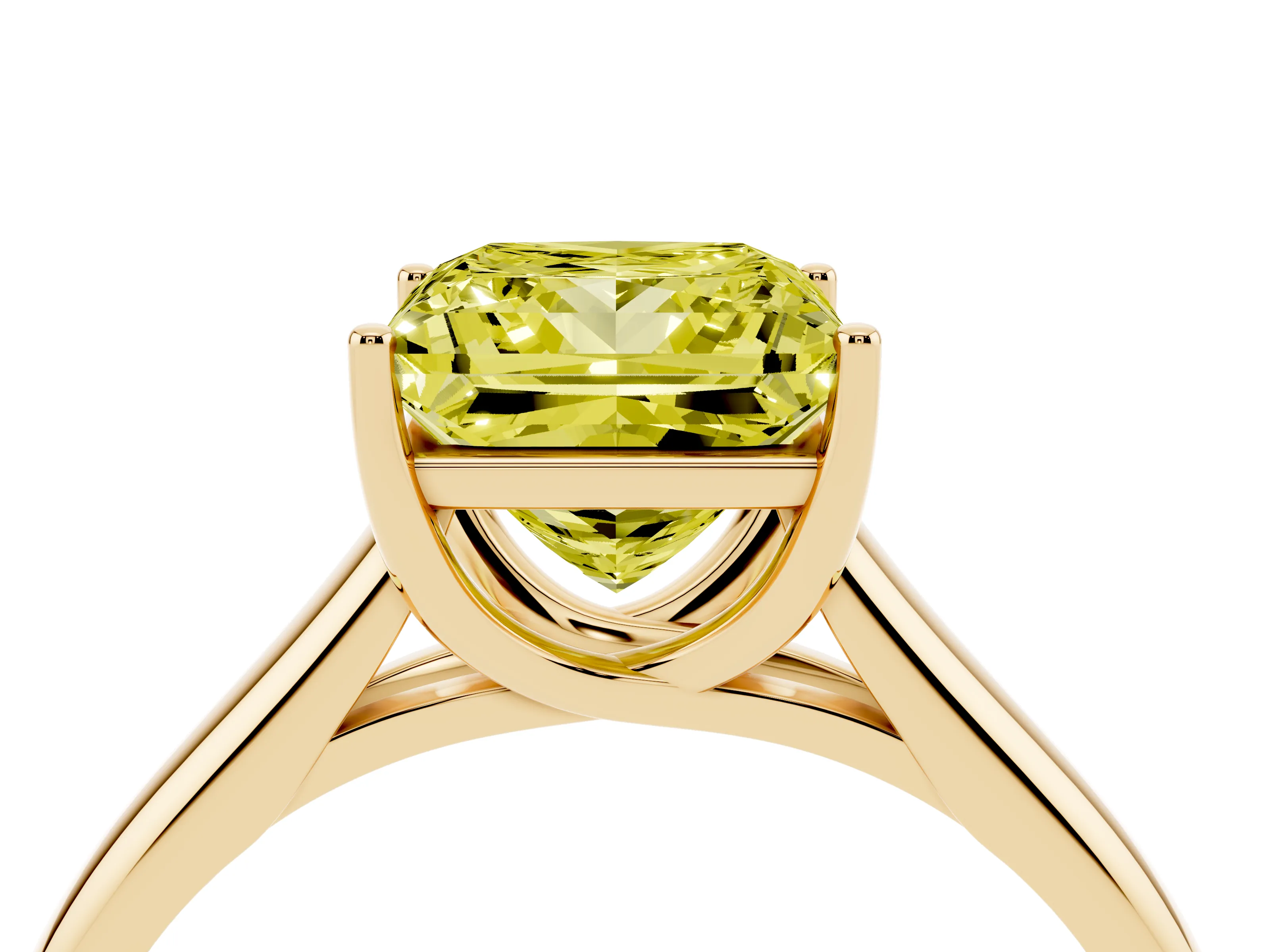 Fancy Yellow Princess Cut Diamond Solitaire Engagement Ring Set in Yellow gold with Subtly Tapered Band and Prong Setting
