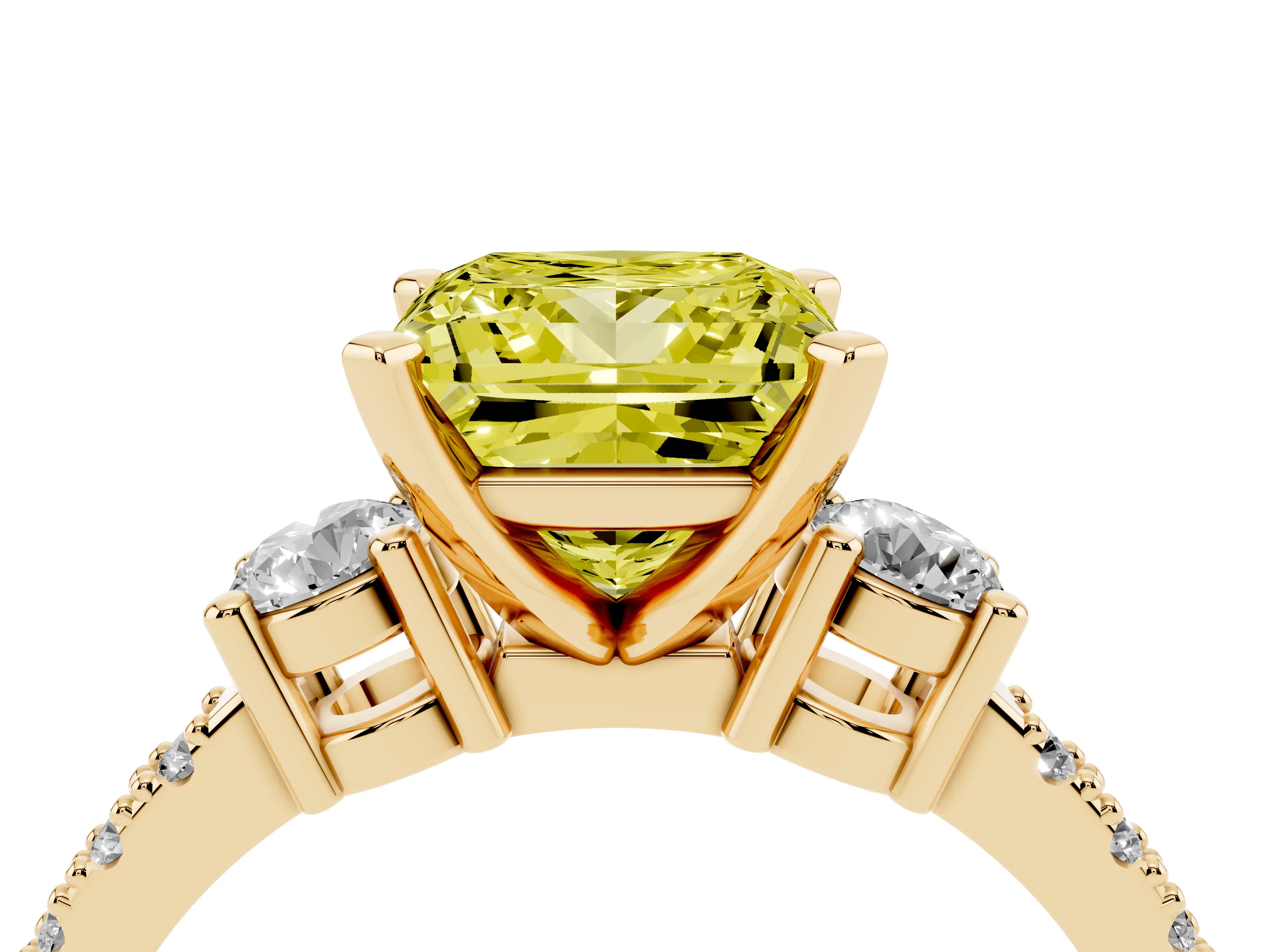 Fancy Yellow Three-Stone Princess Cut Diamond Pavé Band Ring Set in Yellow gold with Prong Setting
