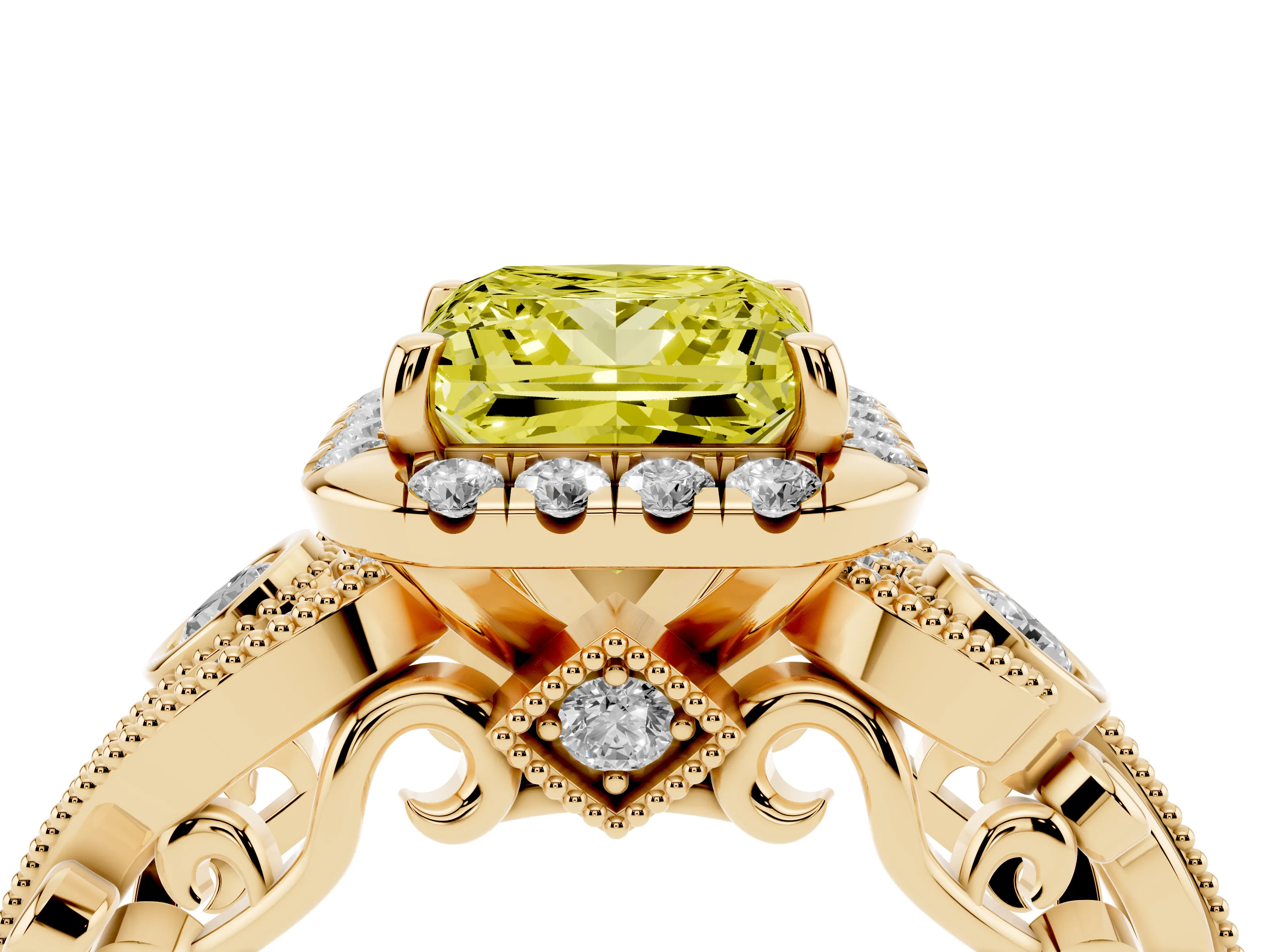 Fancy Yellow Princess Cut Diamond Halo Ring Set in Yellow gold with Milgrain Pavé Band and Prong Setting
