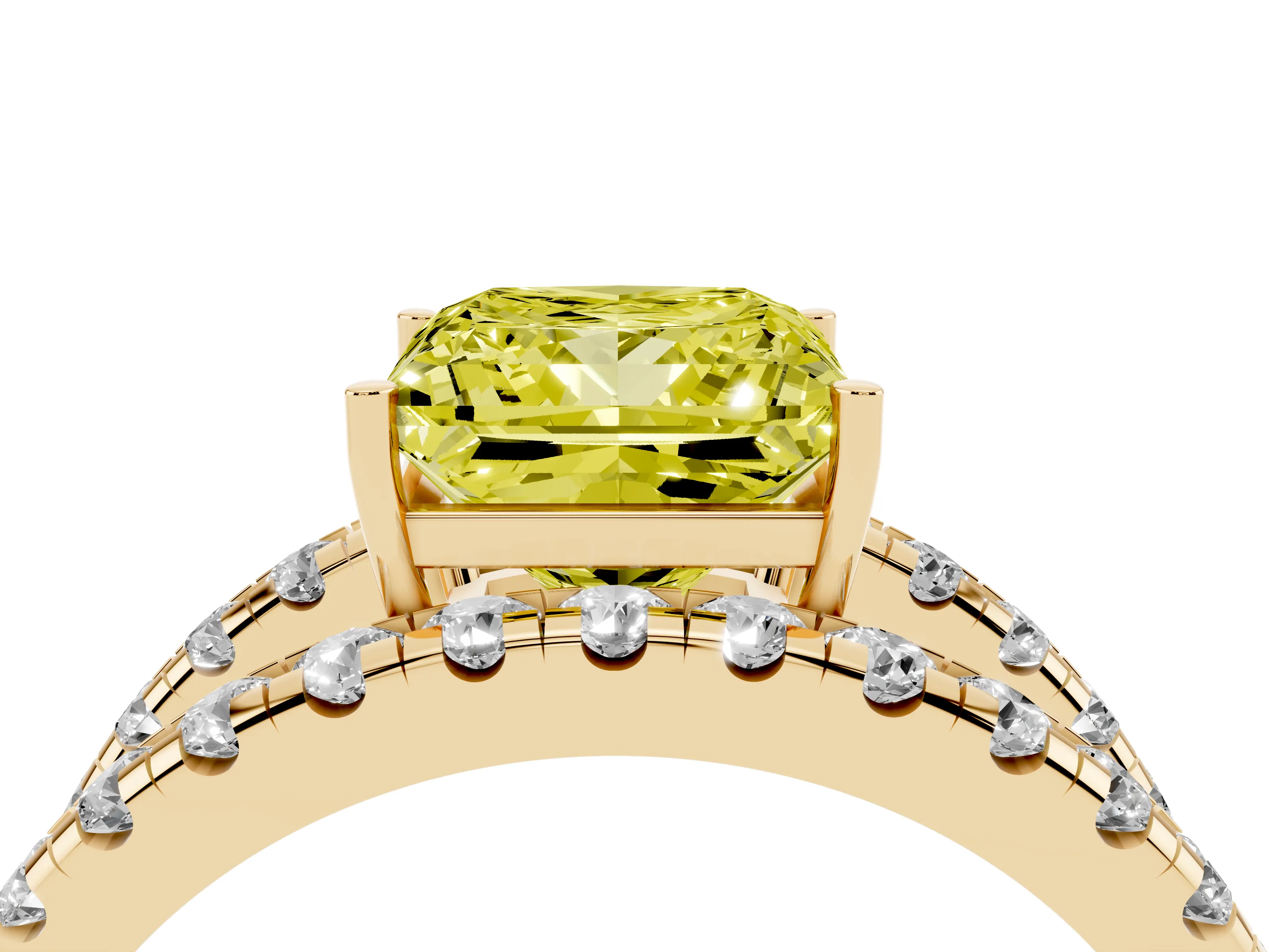 Fancy Yellow Princess Cut Diamond Split Shank Pavé Solitaire Ring Set in Yellow gold with Open Shank Design