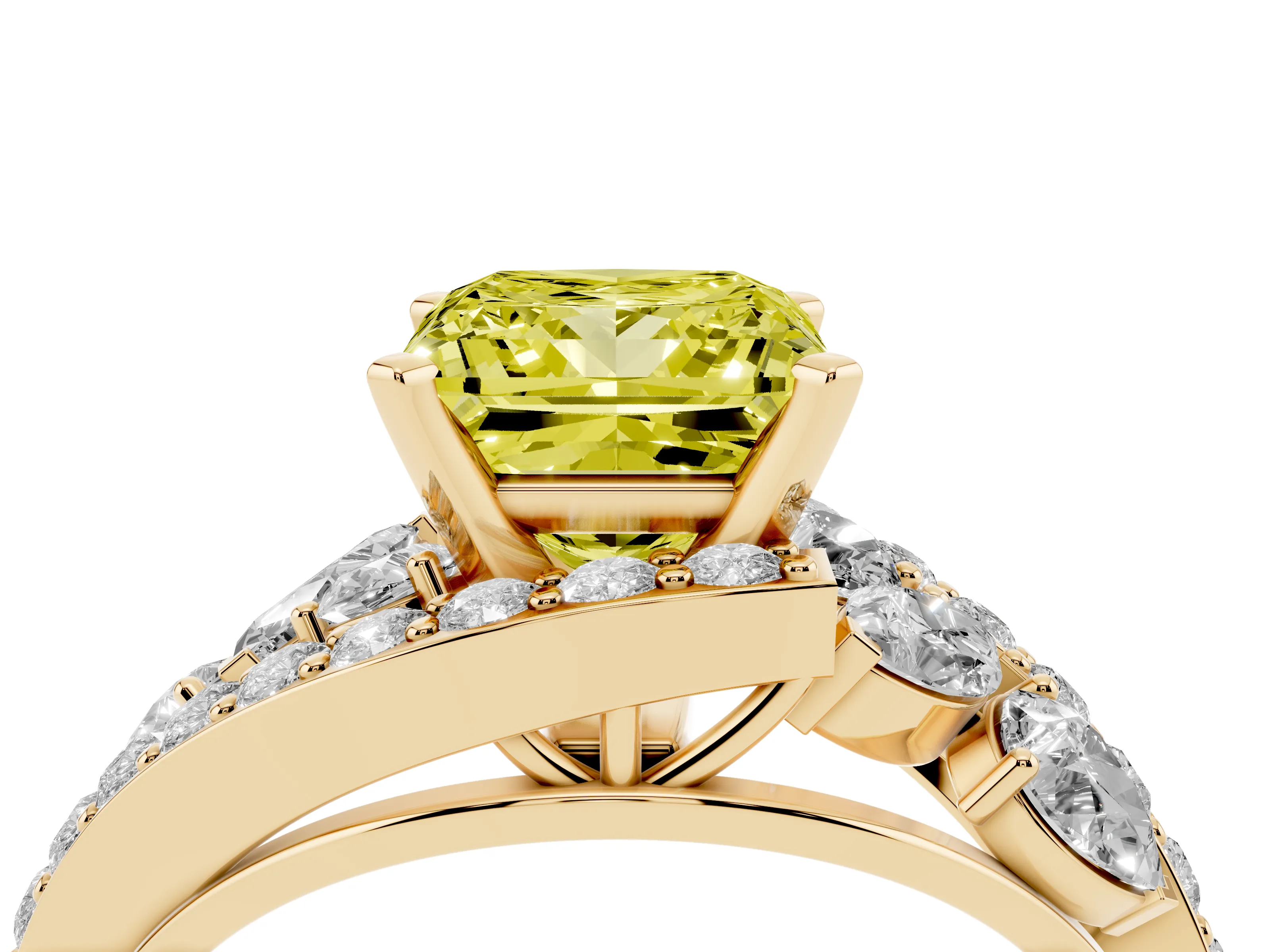 Fancy Yellow Princess Cut Diamond Halo Ring Set in Yellow gold with Marquise and Pavé Band in Prong Setting