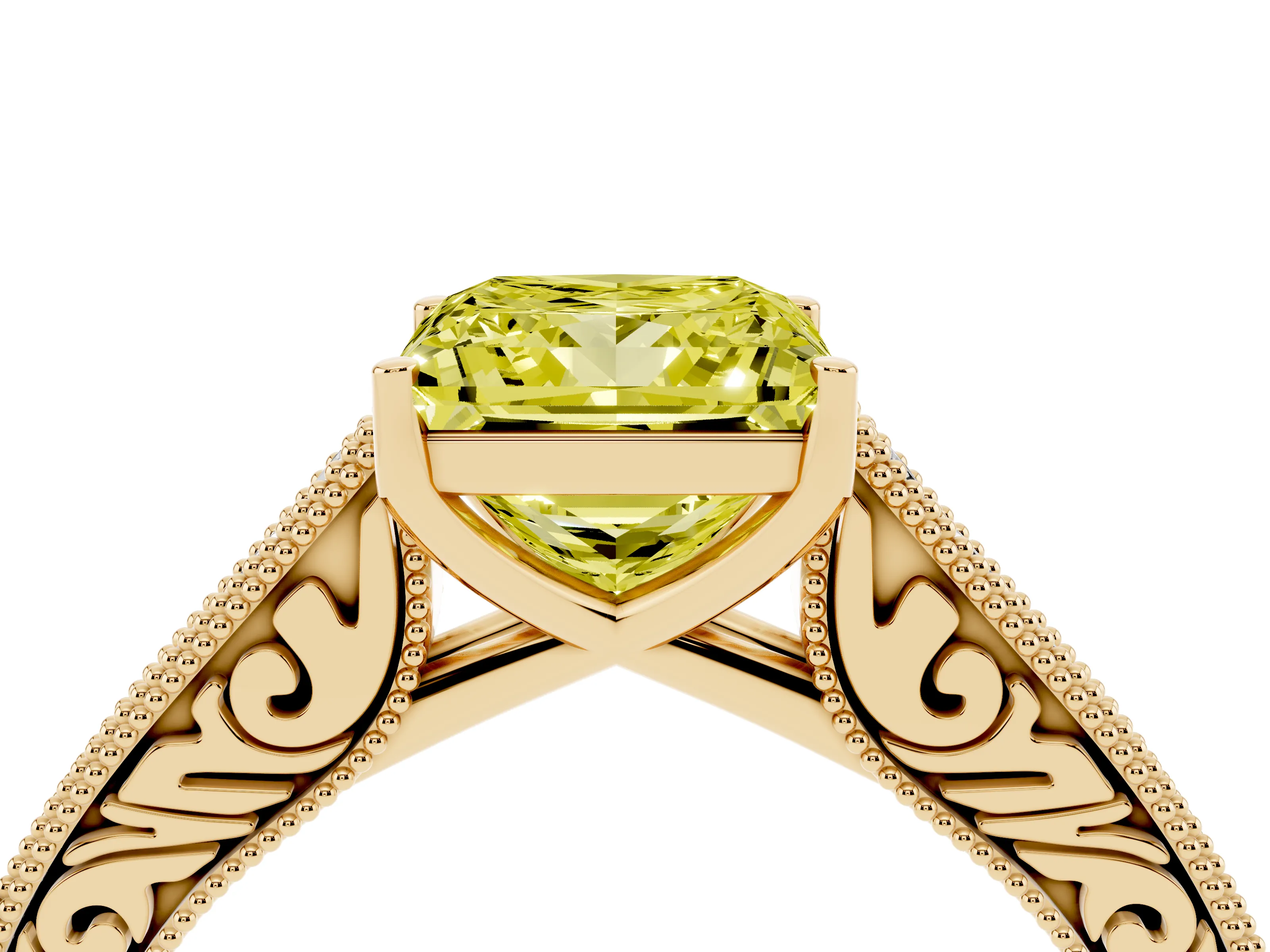 Fancy Yellow Princess Cut Diamond Milgrain Pavé Band Solitaire Ring Set in Yellow gold with Prong Setting