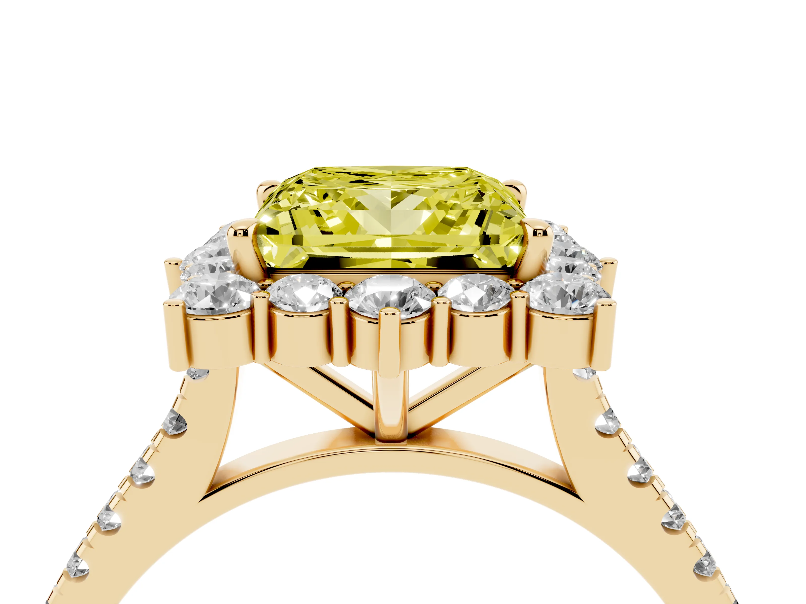 Fancy Yellow Princess Cut Diamond Halo Ring Set in Yellow gold with Pavé Band and Prong Setting