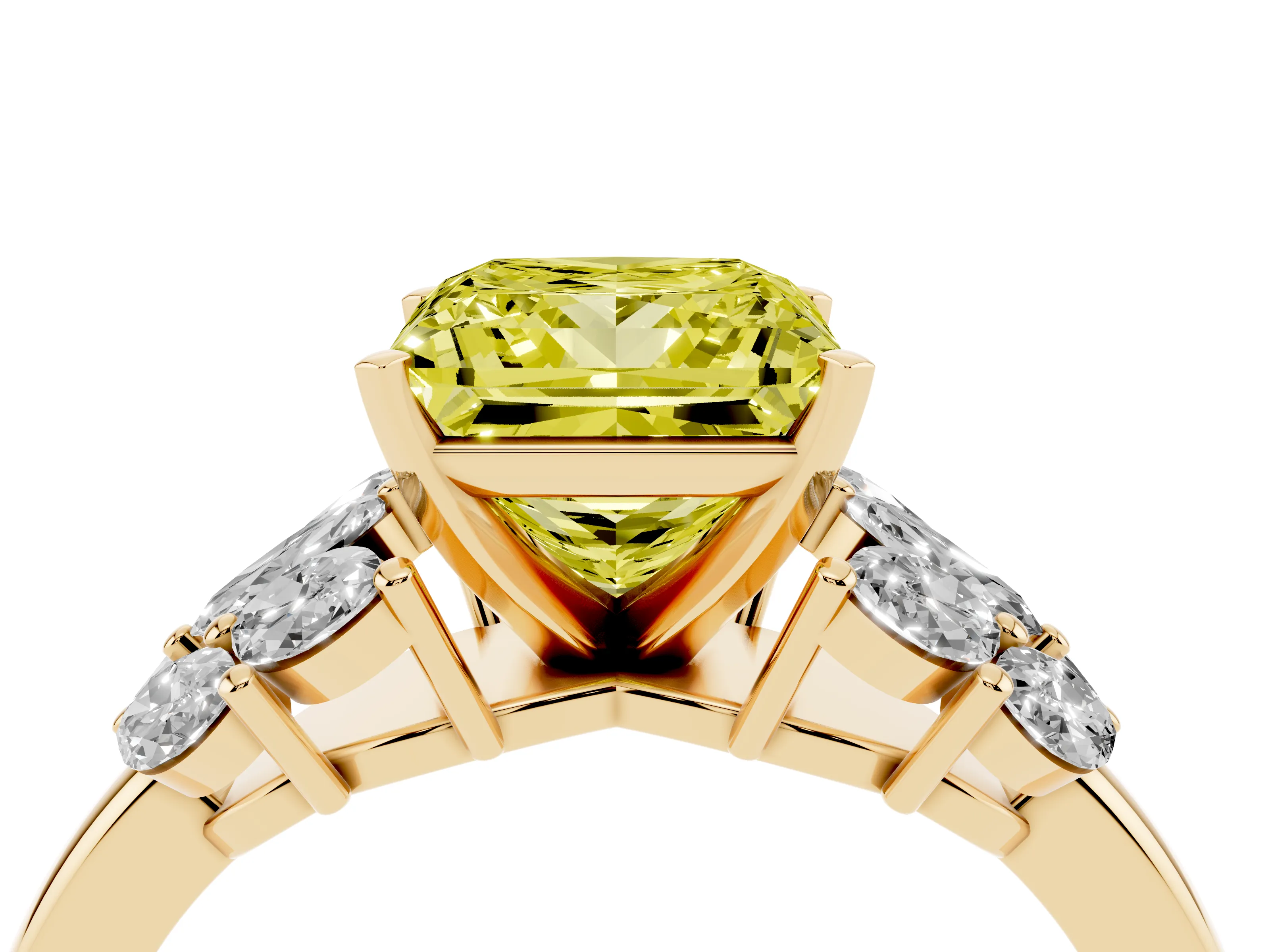 Fancy Yellow Princess Cut Diamond Cluster Leaf Design Ring Set in Yellow gold with Prong Setting